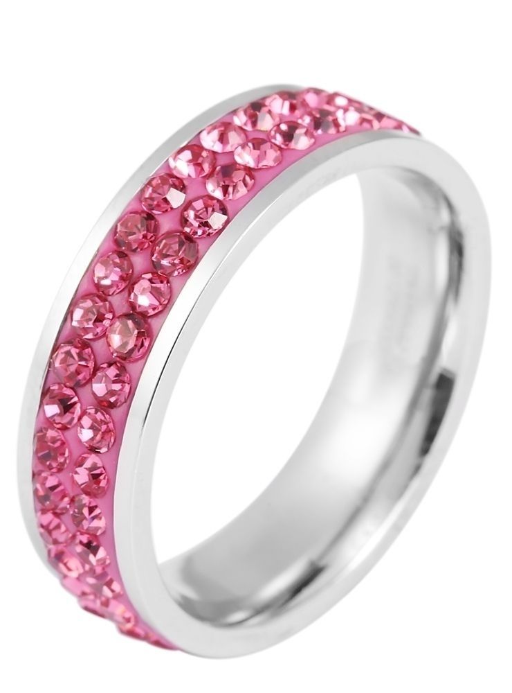 Akzent damesring in roestvrij staal, roze similibre zetting, zilverkleurig, maat 54