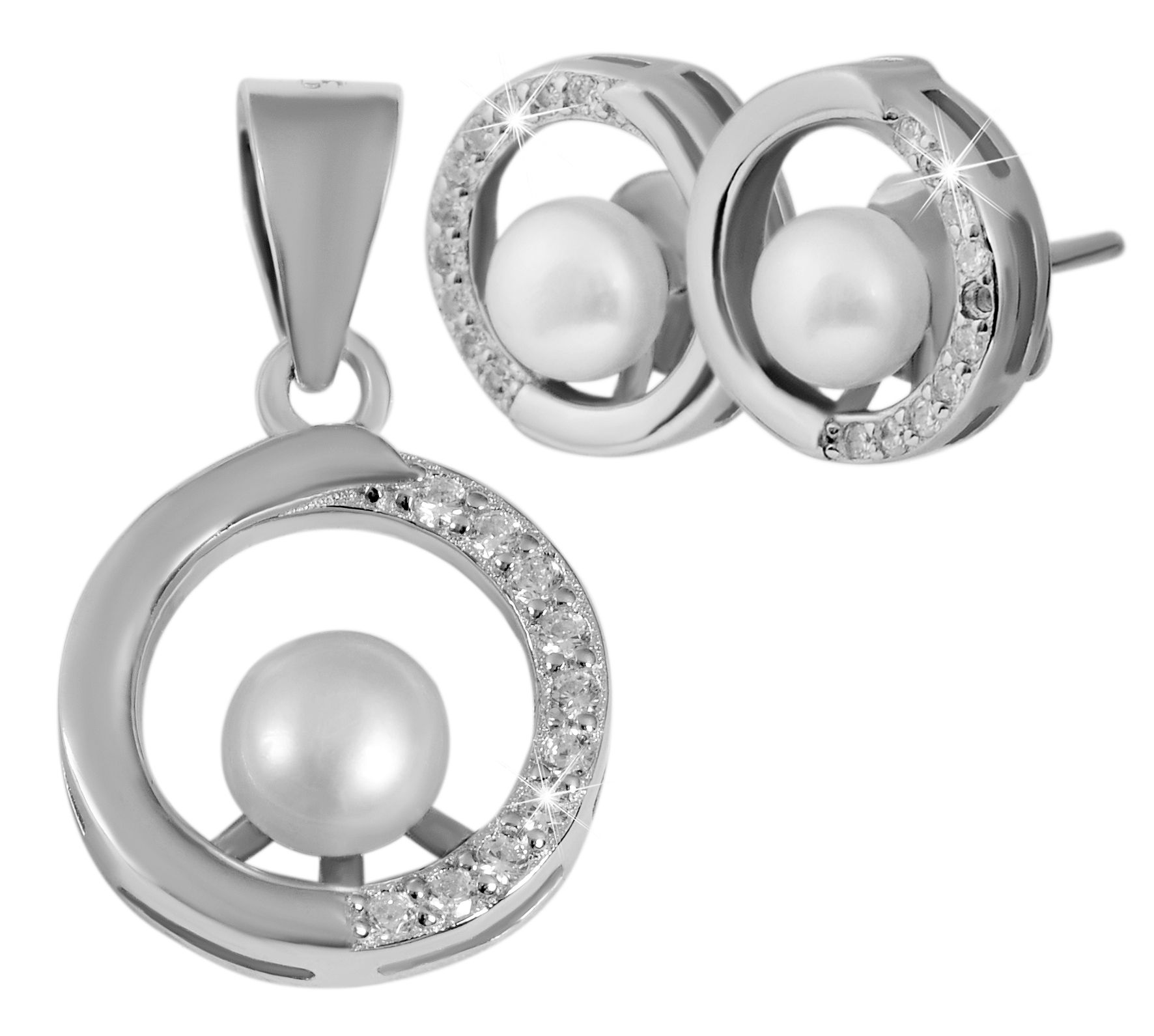 925/- echt zilveren parelsieraden set hanger "Ediesa", oorstekers rond met zirkonia
