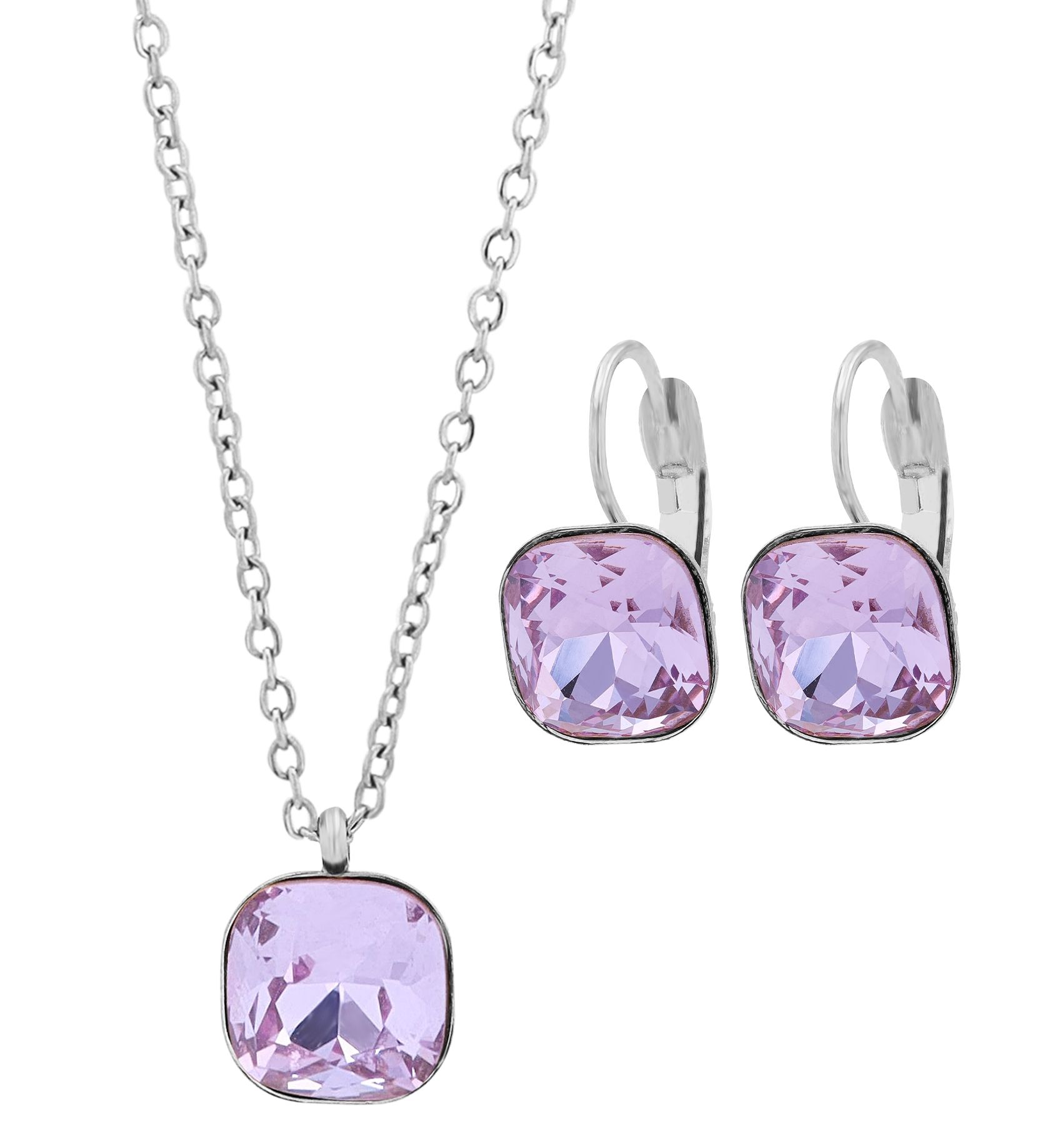 "Lia" - Schmuckset, Kette (45cm) mit Anhänger und Ohrhänger, Edelstahl, Silber + Violett