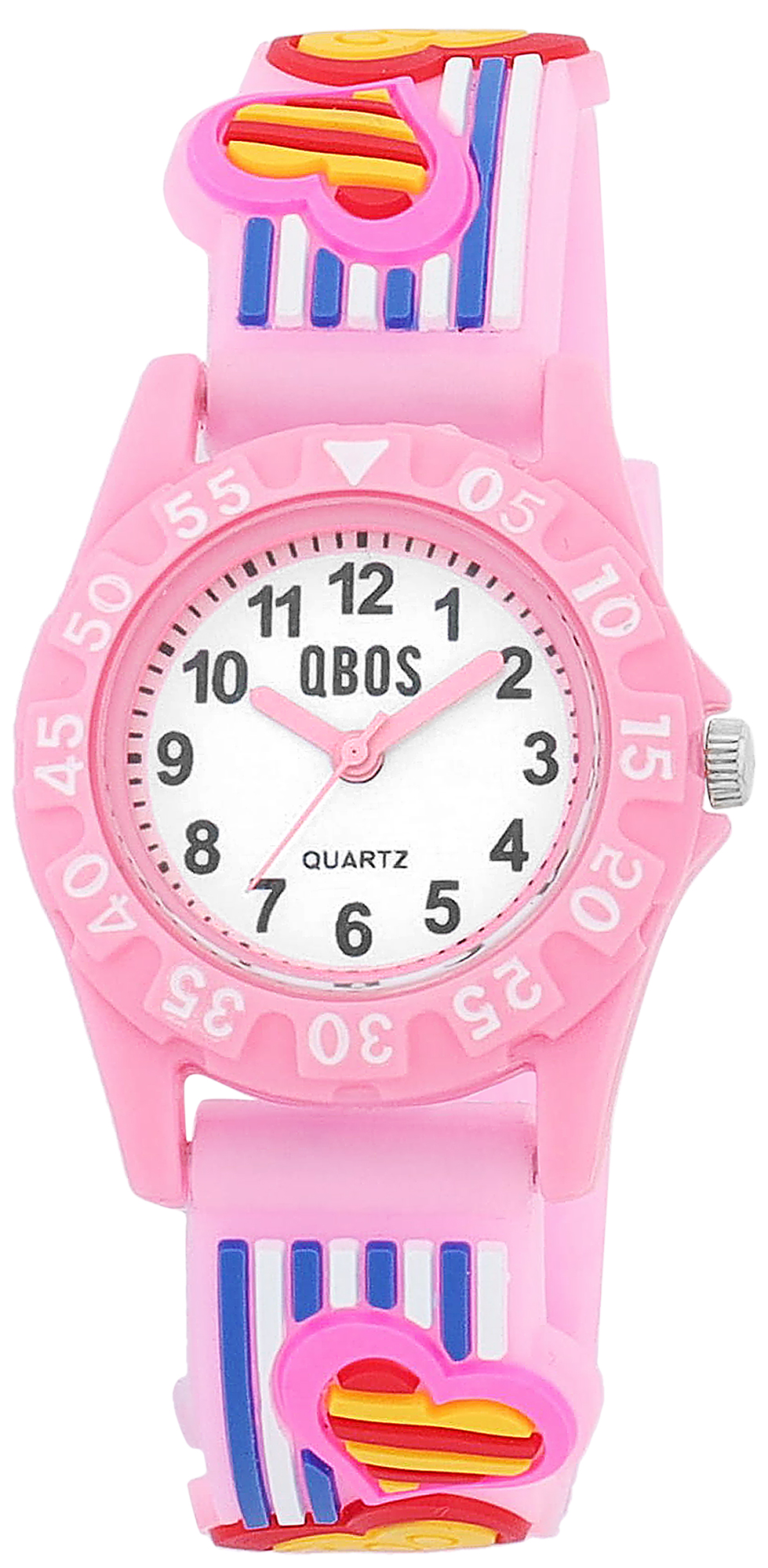 Qbos Kinderuhr mit Silikonband, bunt, Motiv Herz, Ø 28 mm, hellrosa