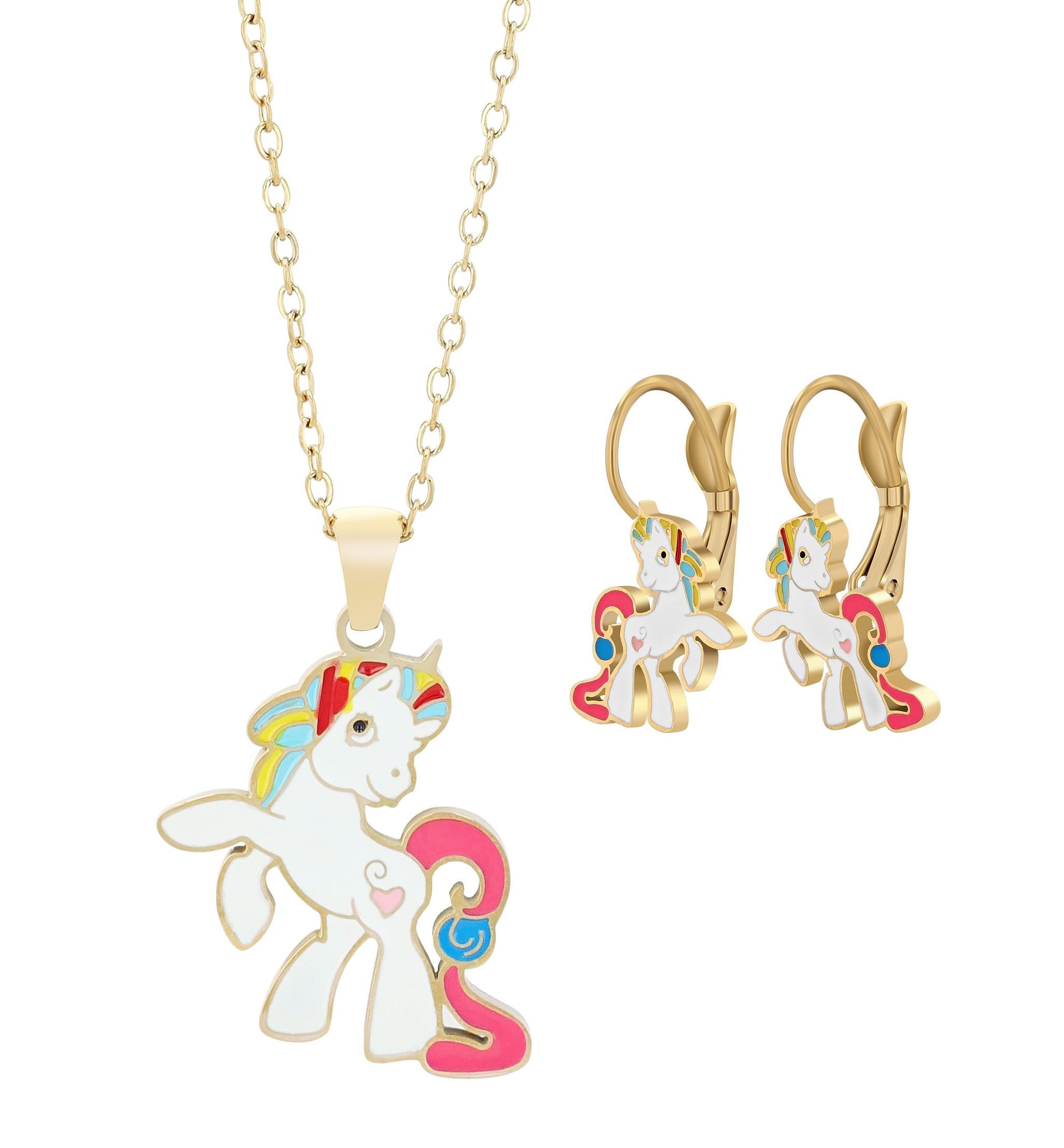 "Solara",Edelstahl Schmuckset, Einhorn, Kette (45+5cm) mit Anhänger und Ohrhängern, goldfarben