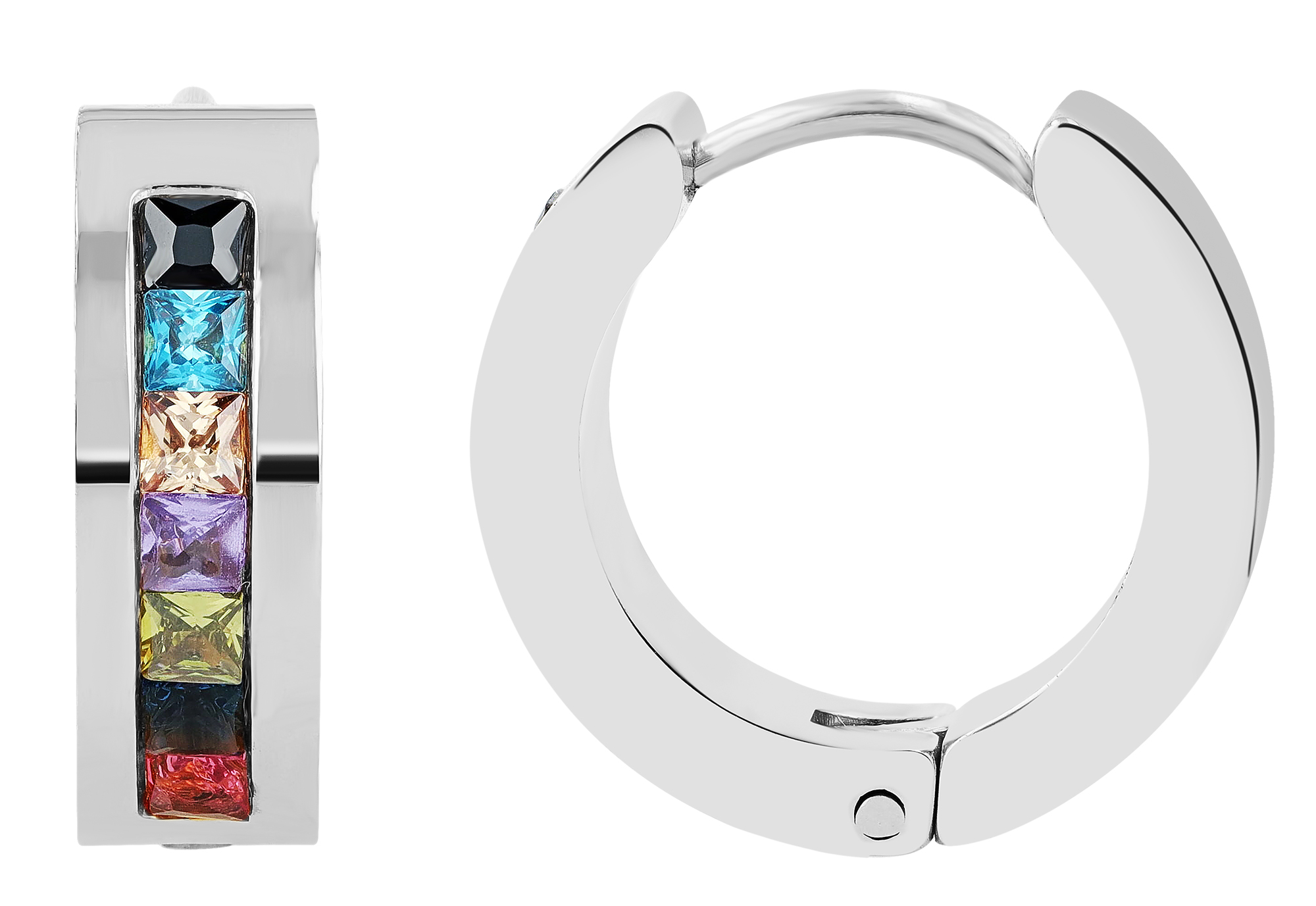 "Rosalyn" roestvrijstalen scharnierende creool Ø 12 mm, kleurrijke simili-stenen, zilverkleurig