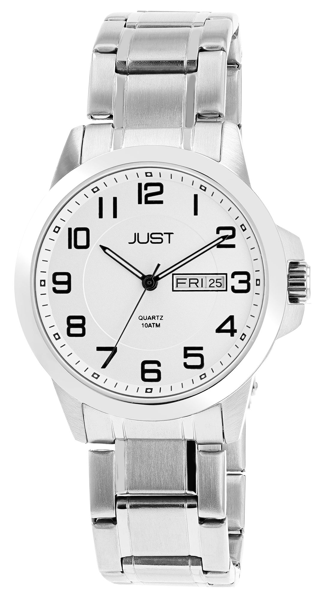 Just herenhorloge met roestvrijstalen armband, 10 ATM, zilverkleurige/witte wijzerplaat