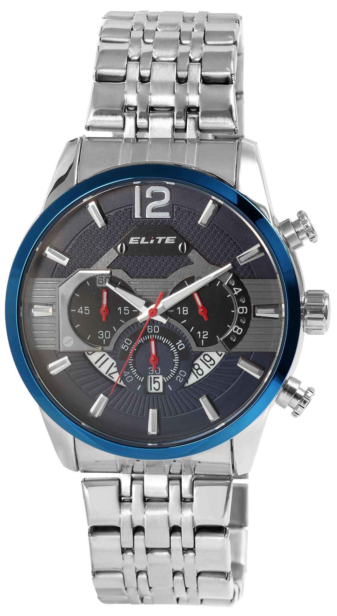 ELITE Herrenchronograph mit Edelstahlarmband, silberfarben/blau