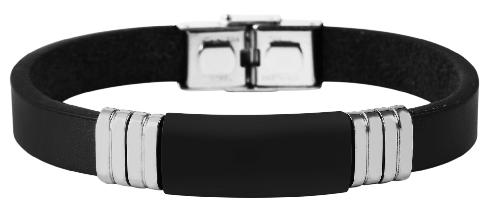Accent echt lederen band met roestvrij stalen element, graveerplaatje, zwart