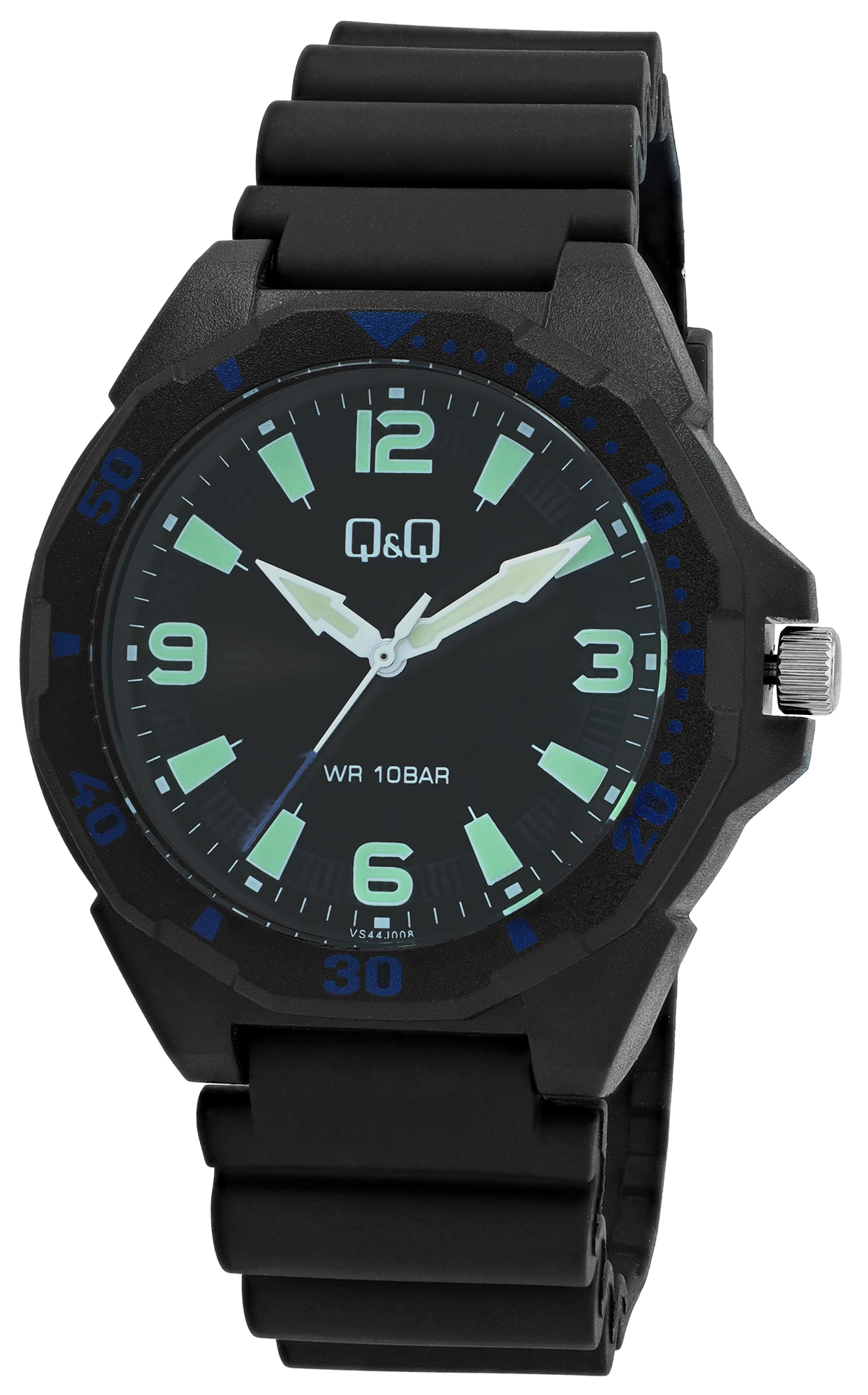 Q&Q Herrenuhr, Resinband, Ø 43 mm, schwarz/ blaue Details