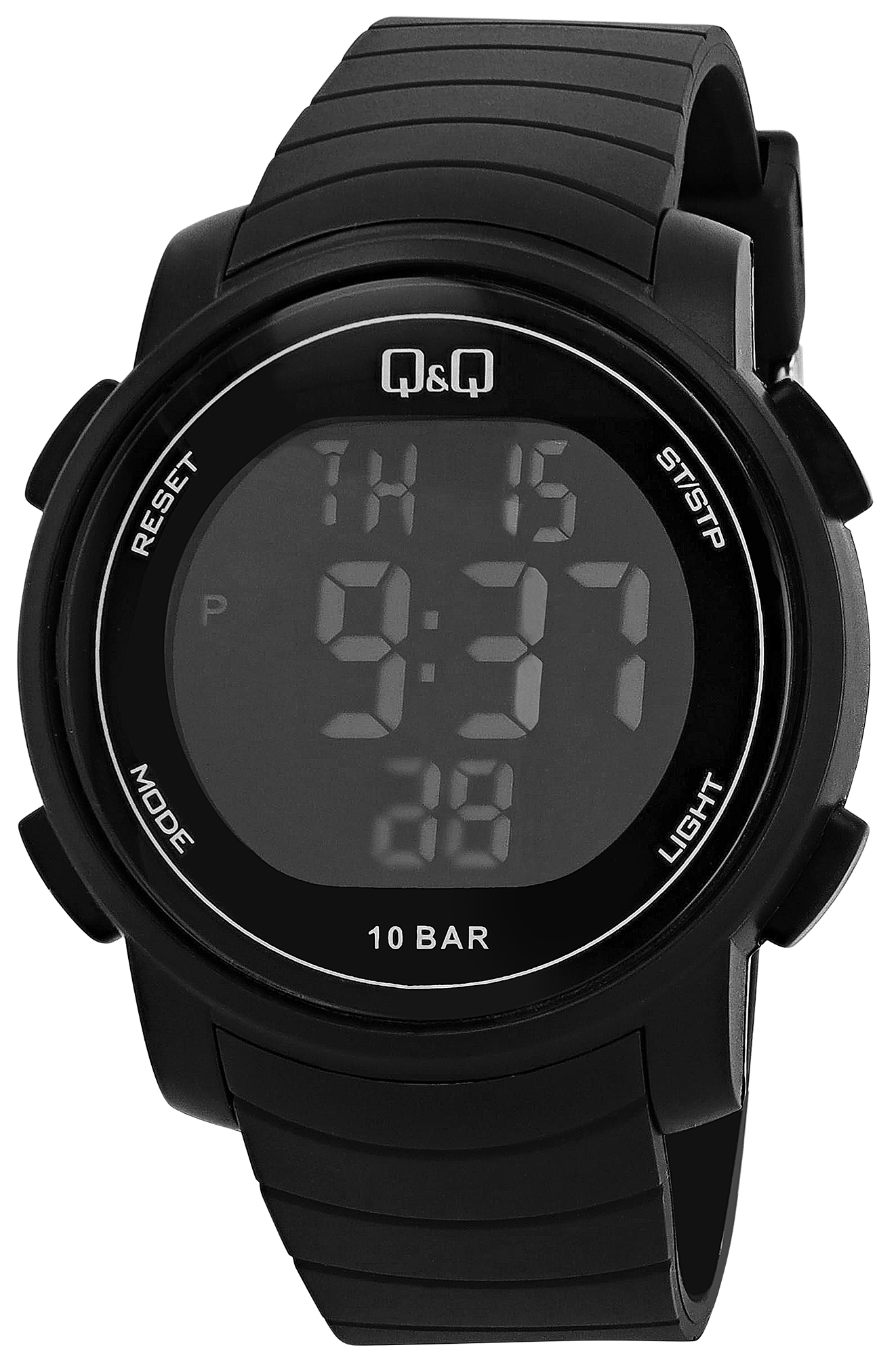 Q&amp;Q digitaal herenhorloge, kunststof, siliconen band, zwart, 10 ATM, Ø 44 mm