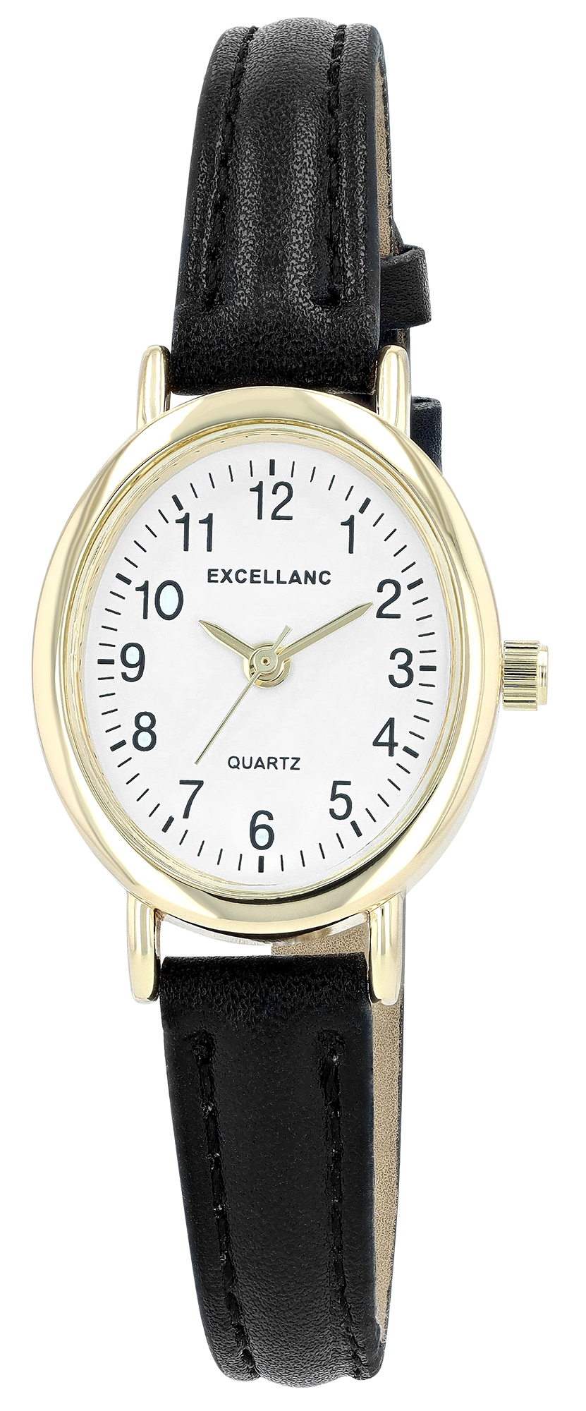Excellanc ovale Damenuhr, Lederimitatband, schwarz/ goldfarben/ weiß