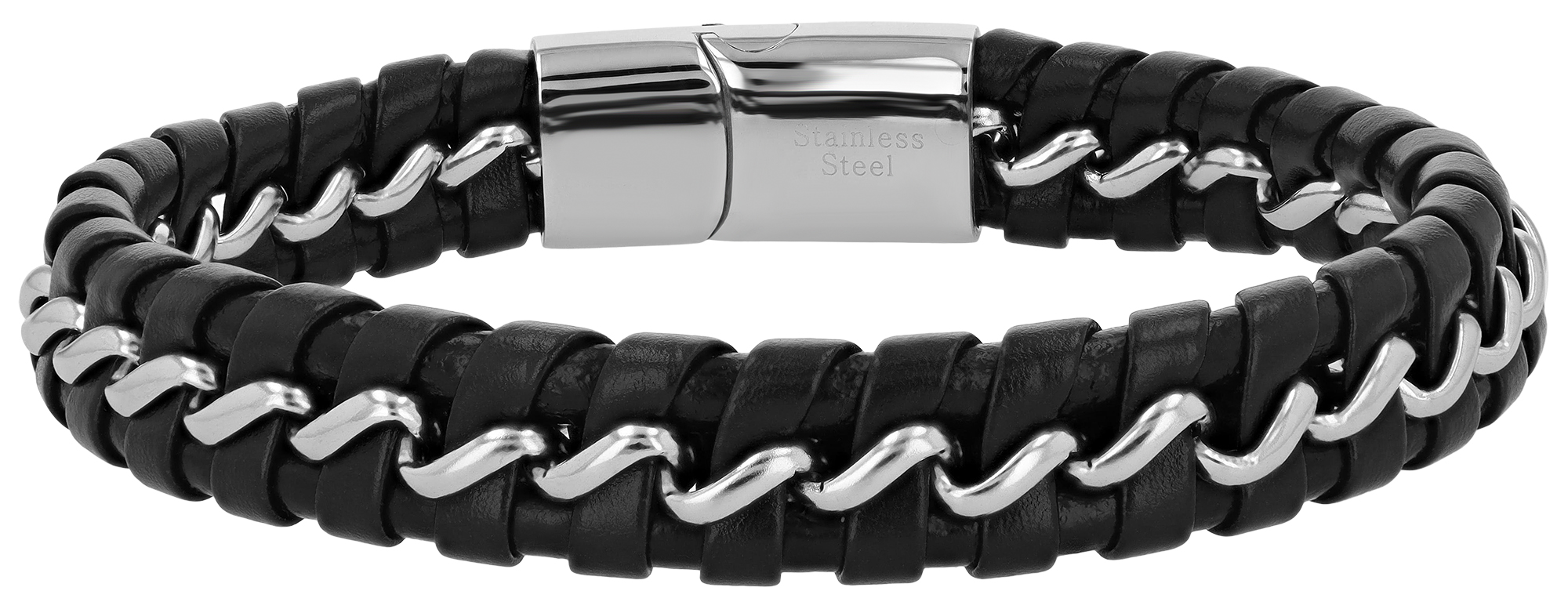 "Bosko" echt lederen band met roestvrij stalen elementen, 23 cm, zwart