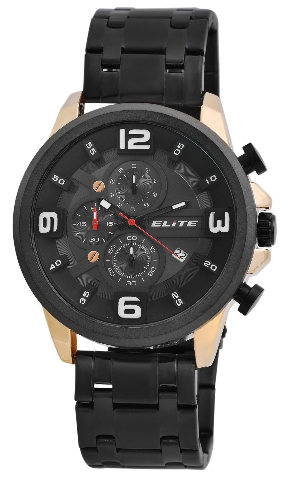 Elite herenchronograaf met metalen band, 3ATM, zwart/goudkleurig