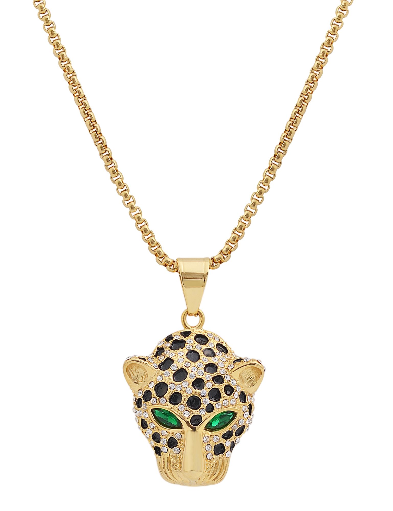 "Arunas" Edelstahlkette mit Anhänger, Leopardenkopf, goldfarben/schwarz