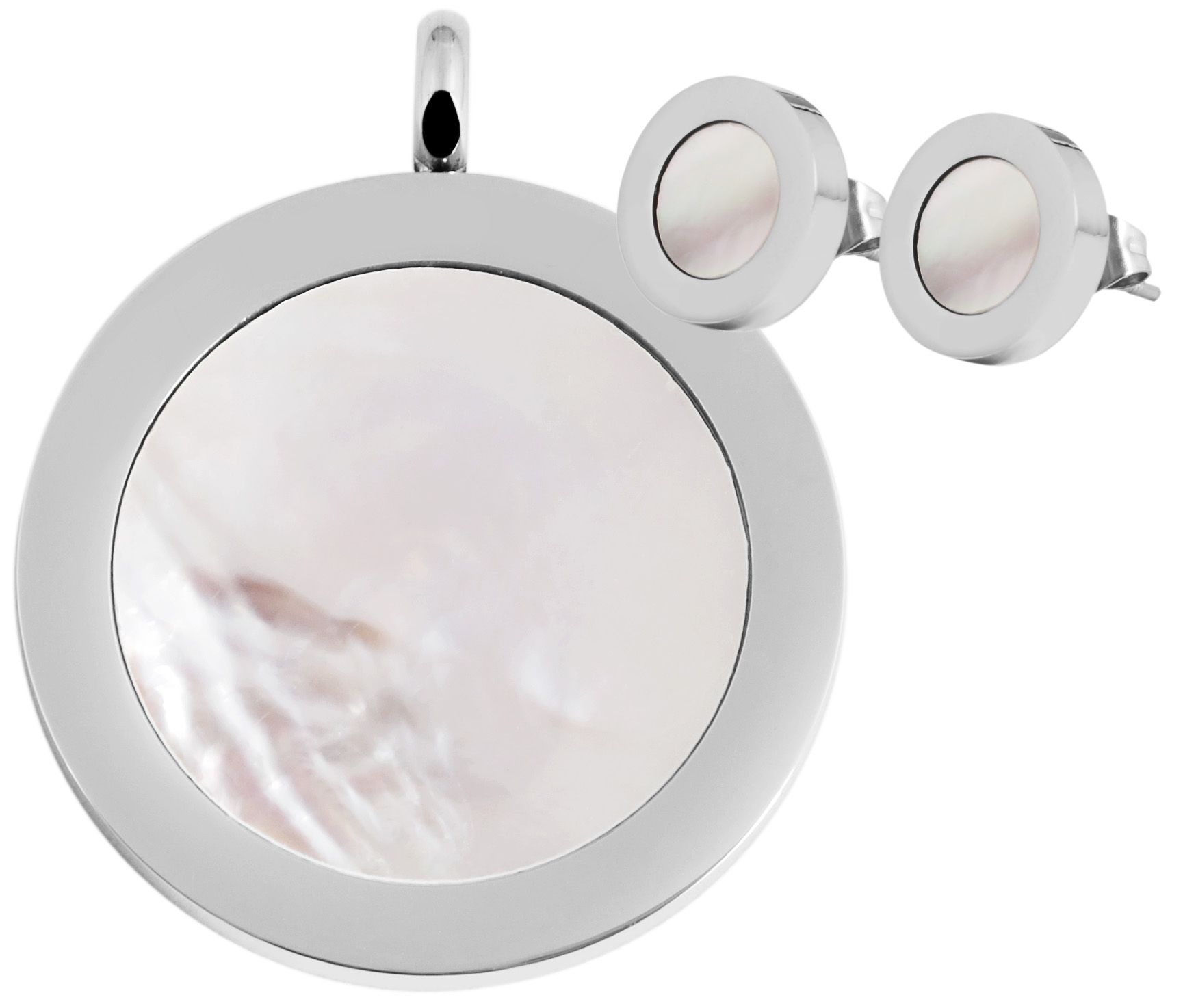 "Boram" roestvrijstalen sieradenset - hanger en oorstekers, zilver/parelmoer