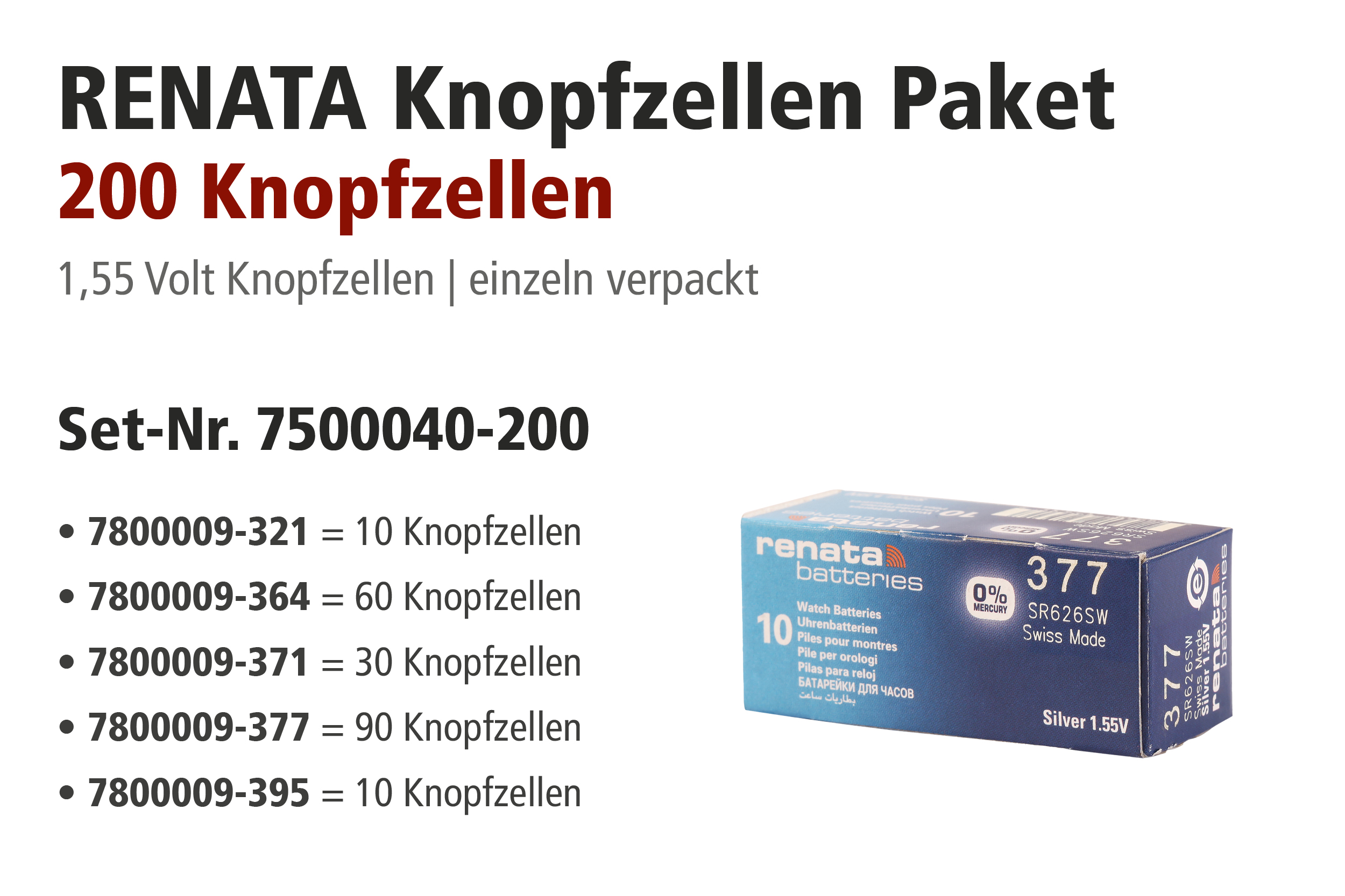 Renata promotiepakken, 200 batterijen, 321, 364, 371, 377, 395 assorti