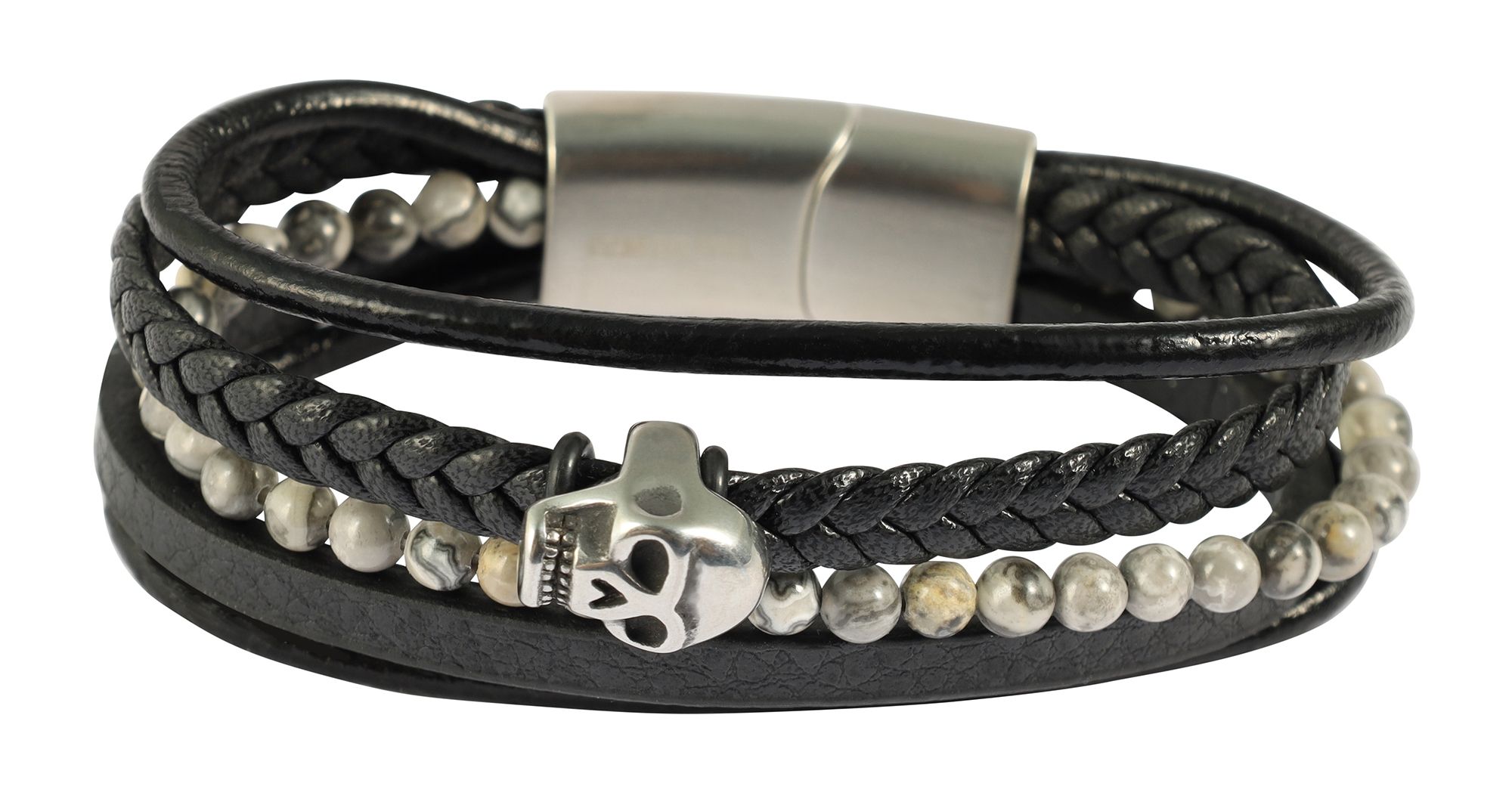 "Lennie" Totenkopf, 17 cm, Armband aus Lederimitat mit grauem Jaspis, 4-VE