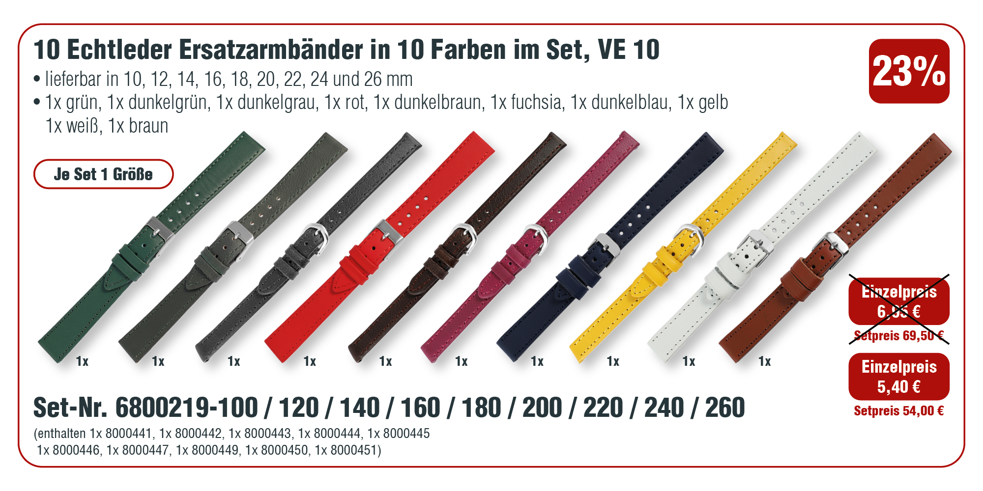 10 vervangende horlogebandjes van echt leer in 10 kleuren in een set, PU 10