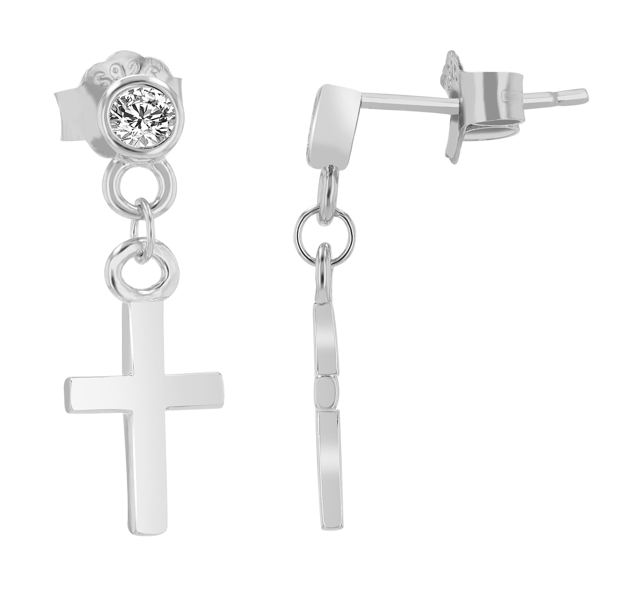 "Christmar", 925/rh echt zilveren oorbellen met kruis hanger, zirkonia zetting, zilverkleurig gerhodineerd