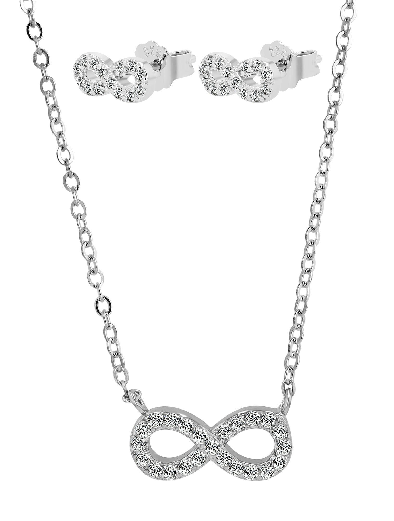 925/- Echt Silber Schmuckset "Zlata", Infinity Ohrstecker & Anhänger, rhodiniert