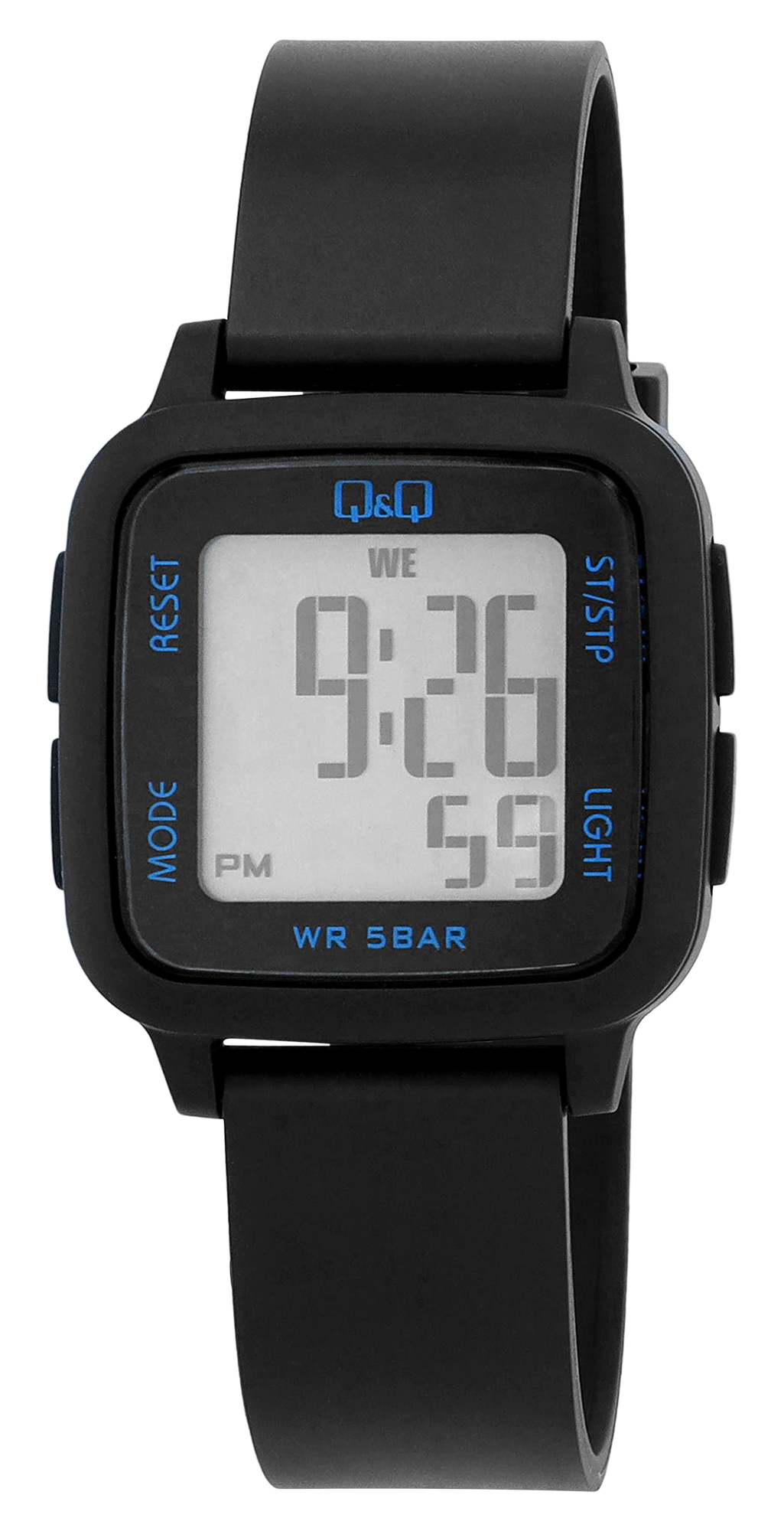 Q&amp;Q unisex digitaal horloge, kunststof, siliconen band, zwart, 5 ATM, 34 x 34 mm