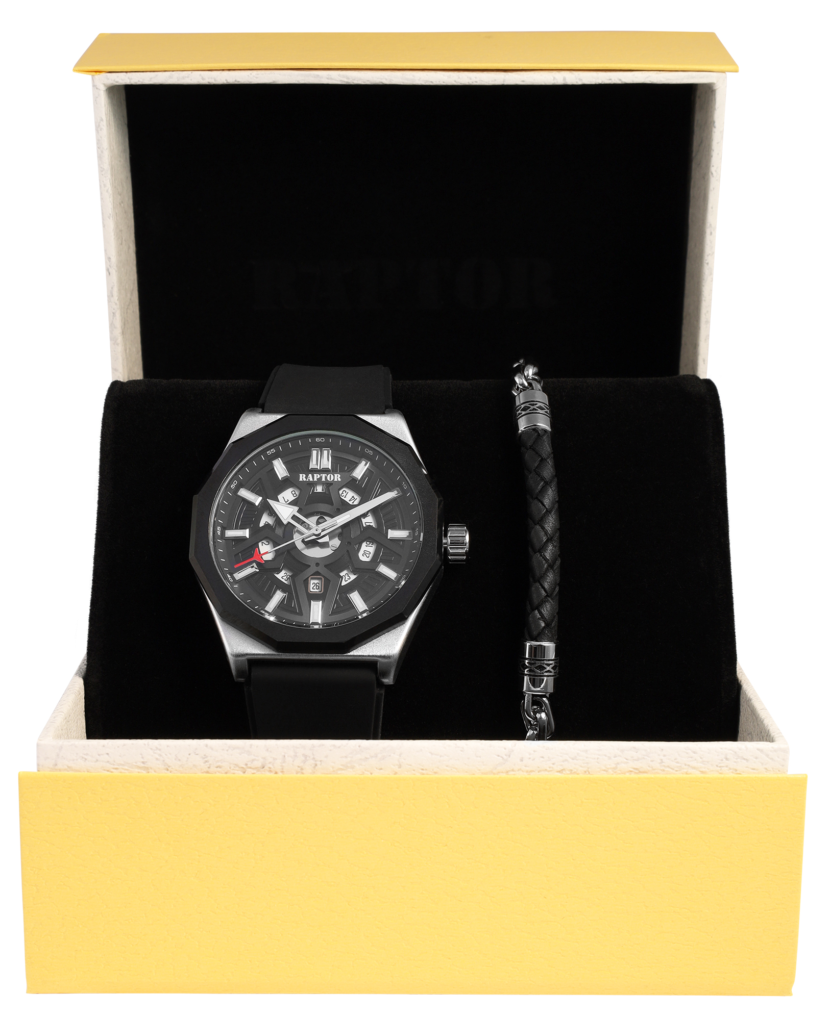 Raptor Herren Geschenkset - Herrenuhrsilikonband mit Amband 19+3 cm, Edelstahl/ Echtleder