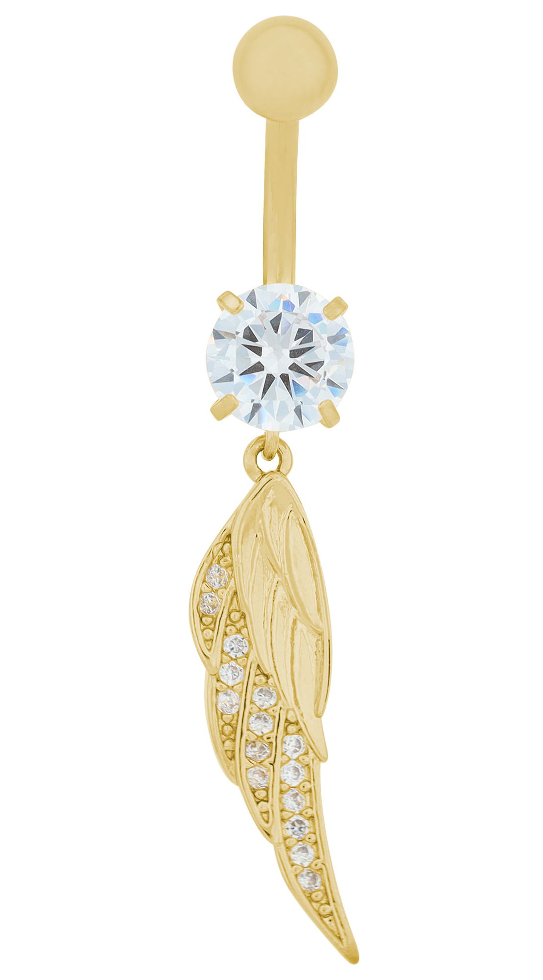 "Elane" Edelstahl-Bronze Bauchnabelpiercing, Stablänge 11 mm/ Stabstärke 2 mm, Flügel, Zirkonia, goldfarben