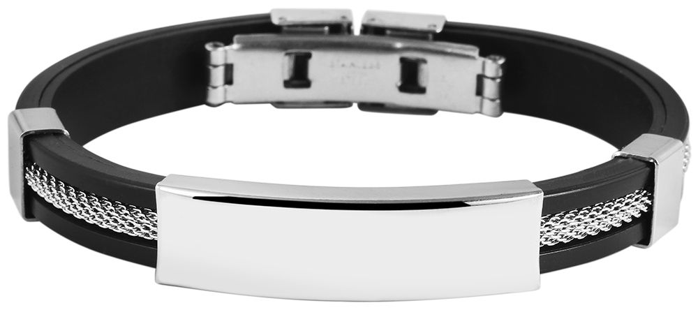 Accent siliconen polsband met graveerplaatje, zwart/zilverkleurig