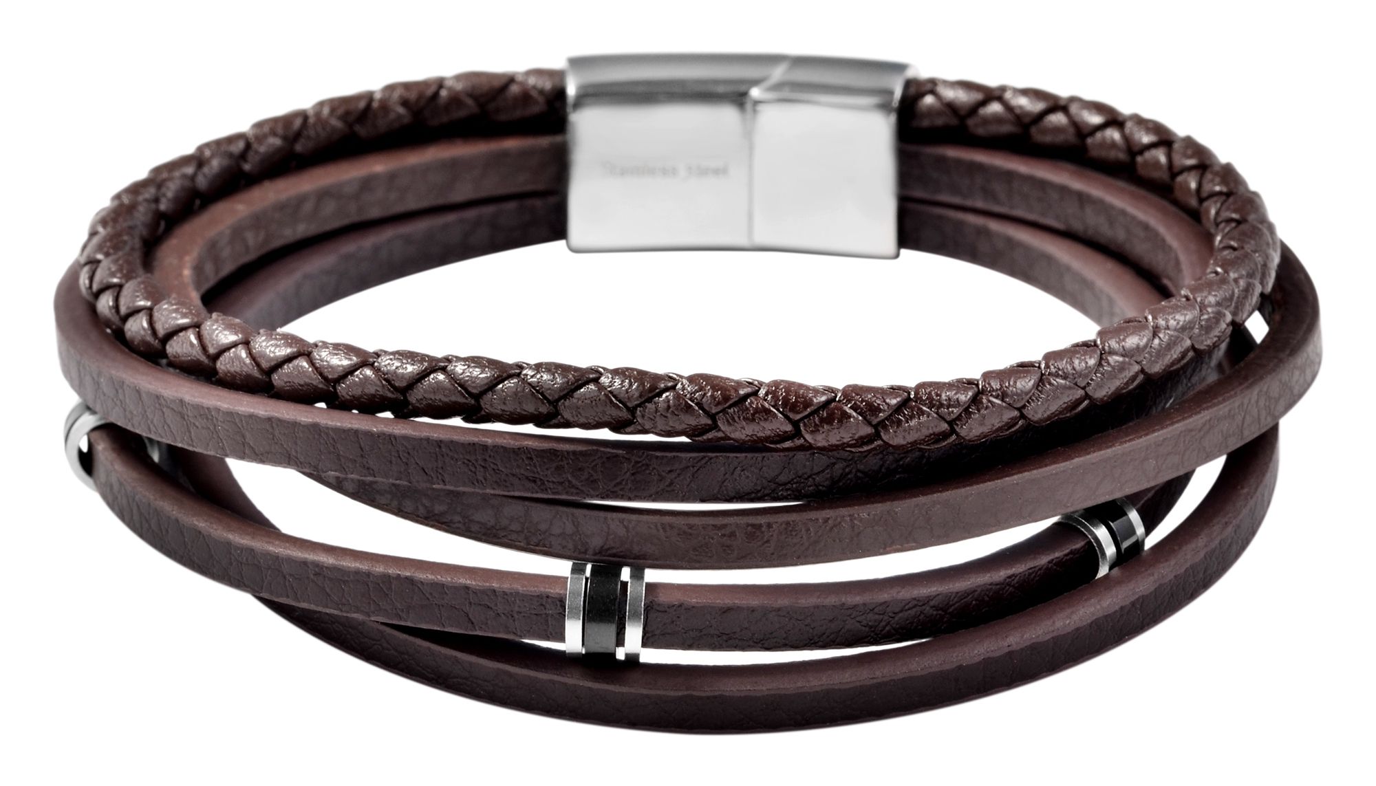 Akzent Armband aus Lederimitation mit Edelstahlelementen, dunkelbraun, 19 cm