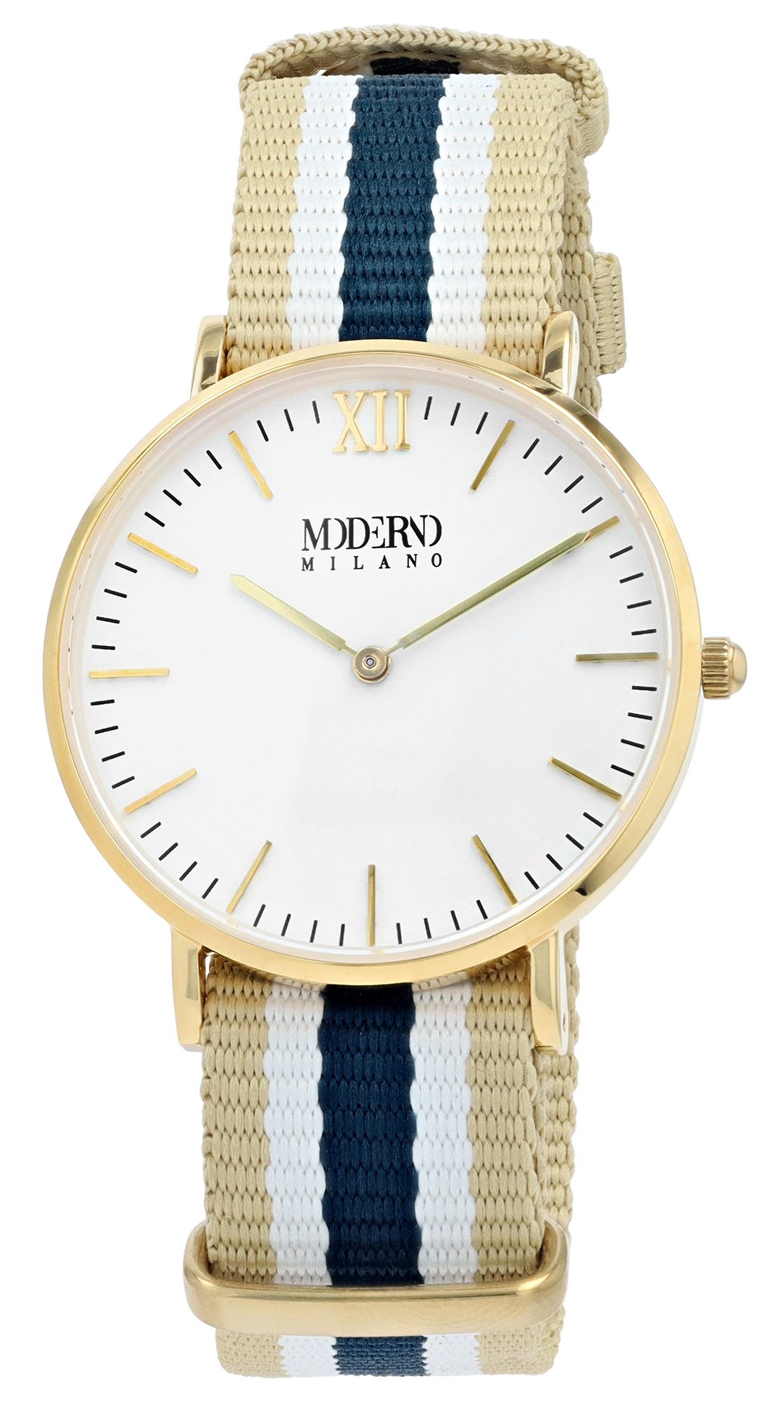 Moderno Milano Edelstahl Damenuhr 36,5 mm, Saphirglas & Nylon-NATO-Band (Blau-Beige-Weiß), goldfarben
