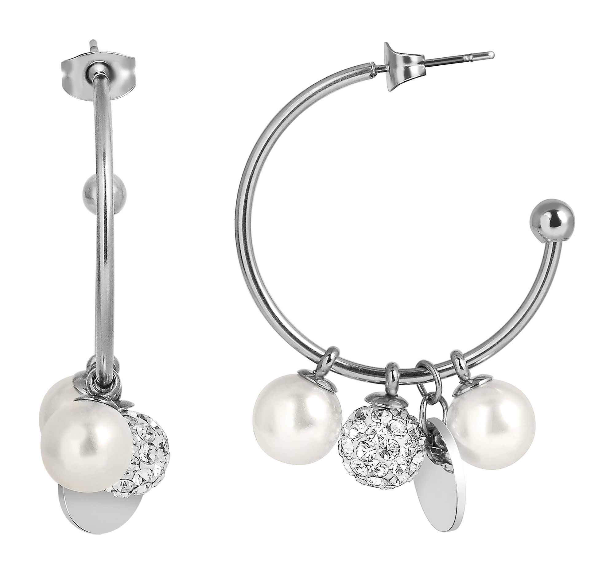 Accent half hoepel oorbellen, roestvrij staal, parels, similibrass, zilverkleurig