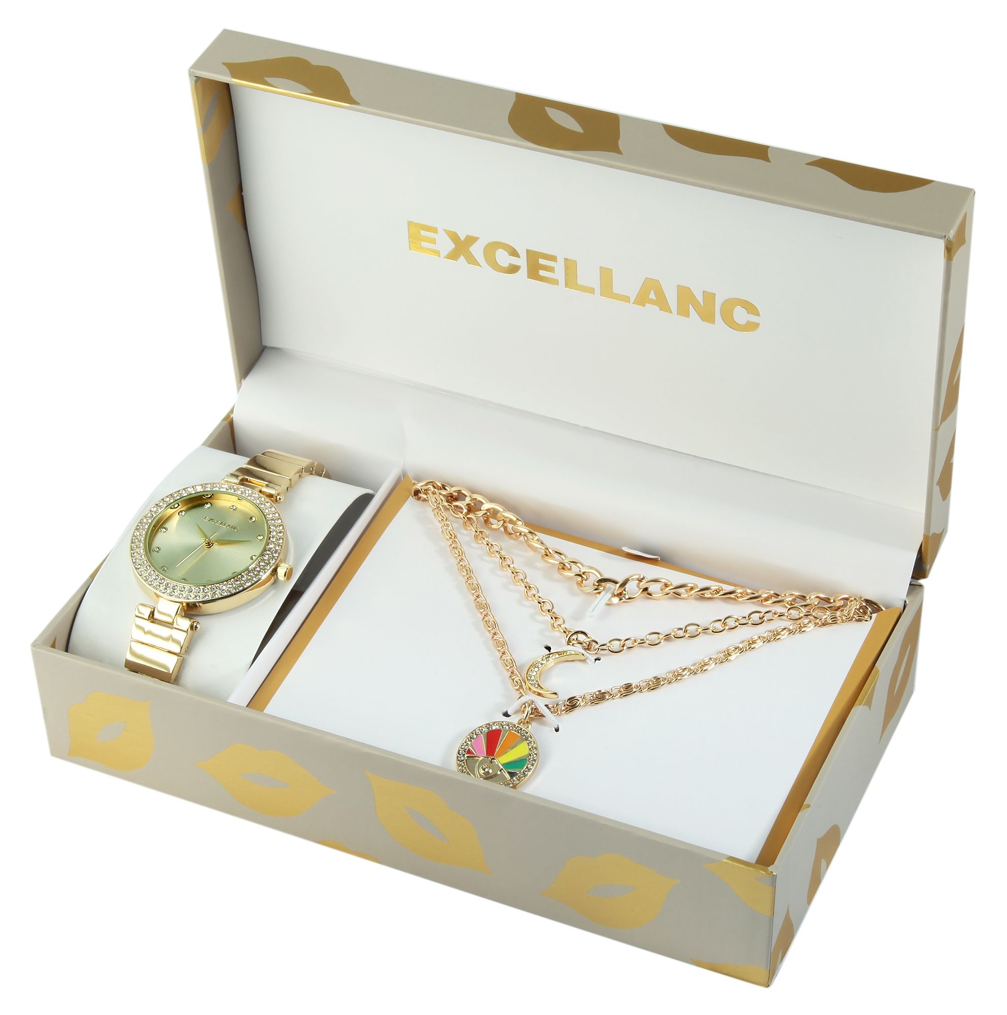 Excellanc Geschenkset mit Damenarmbanduhr und drei Ketten, goldfarben