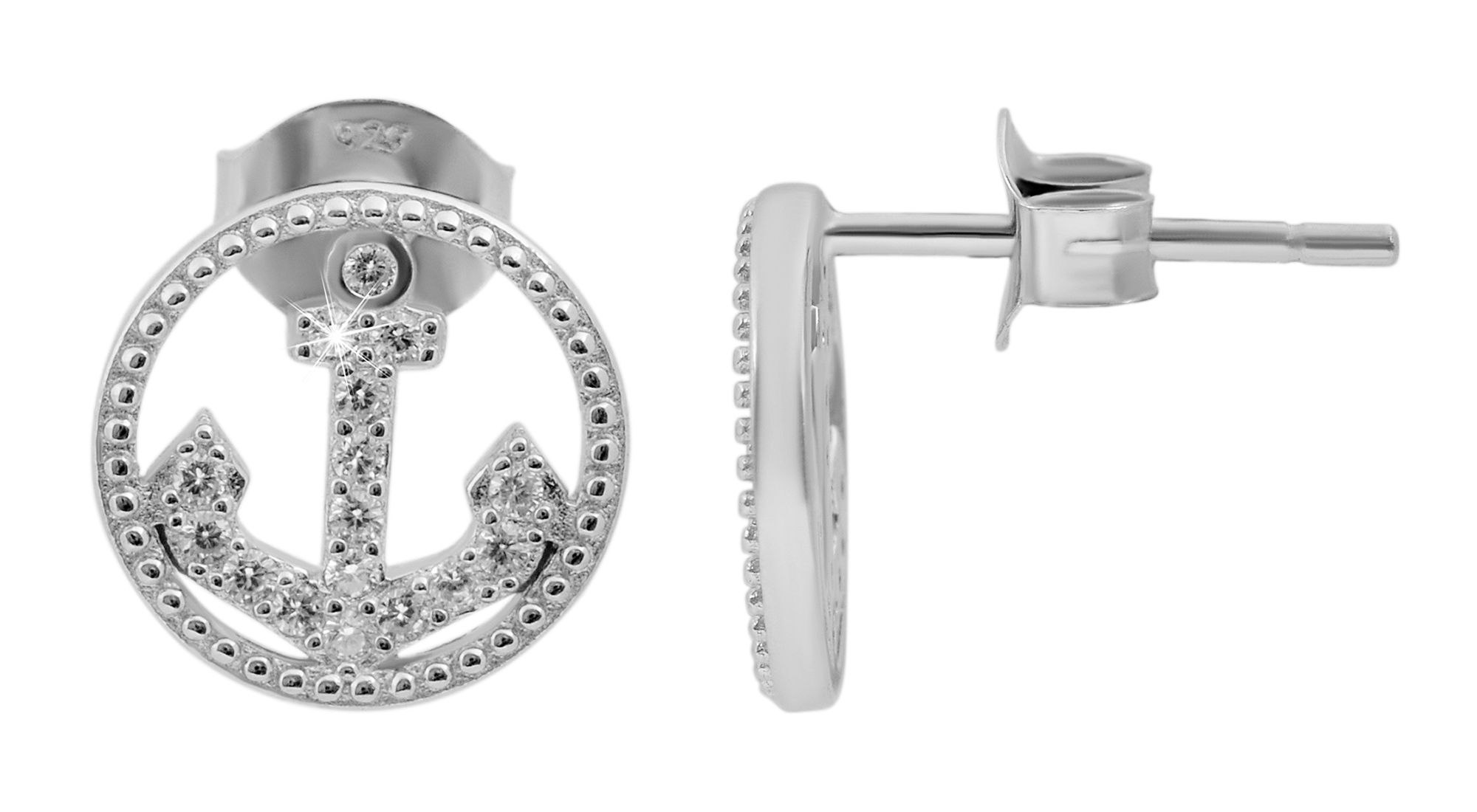 "Nazan" 925/- Echt Silber Ohrstecker Anker mit Zirkoniabesatz, silberfarben rhodiniert