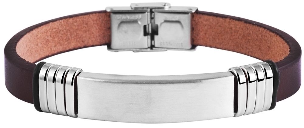 "Blazej" Armband aus Echtleder, Gravurplatte, Edelstahl, Dunkelbraun