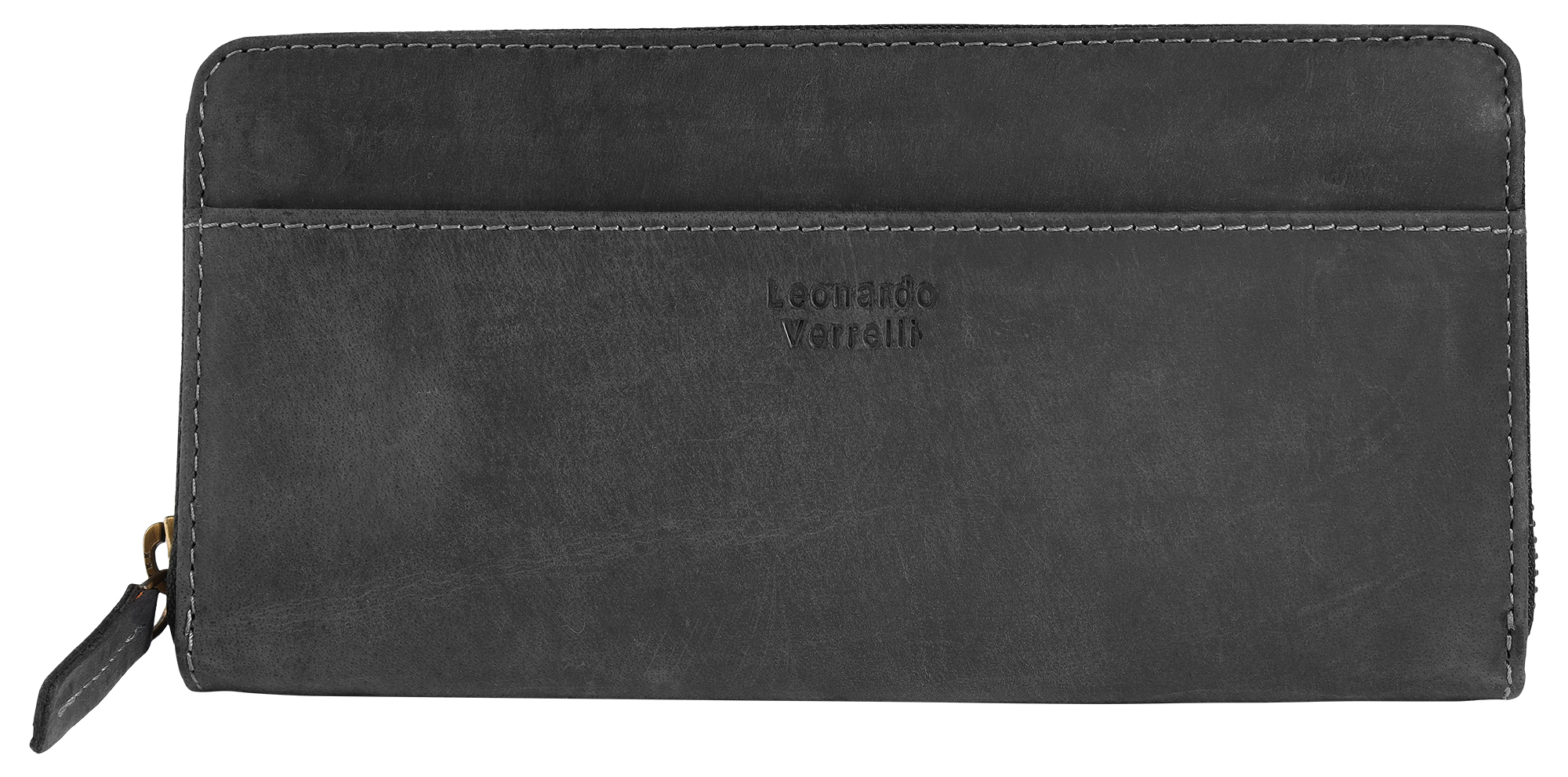 Leonardo Verrelli, echt lederen (vintage) portemonnee met ritssluiting, RFID, zwart