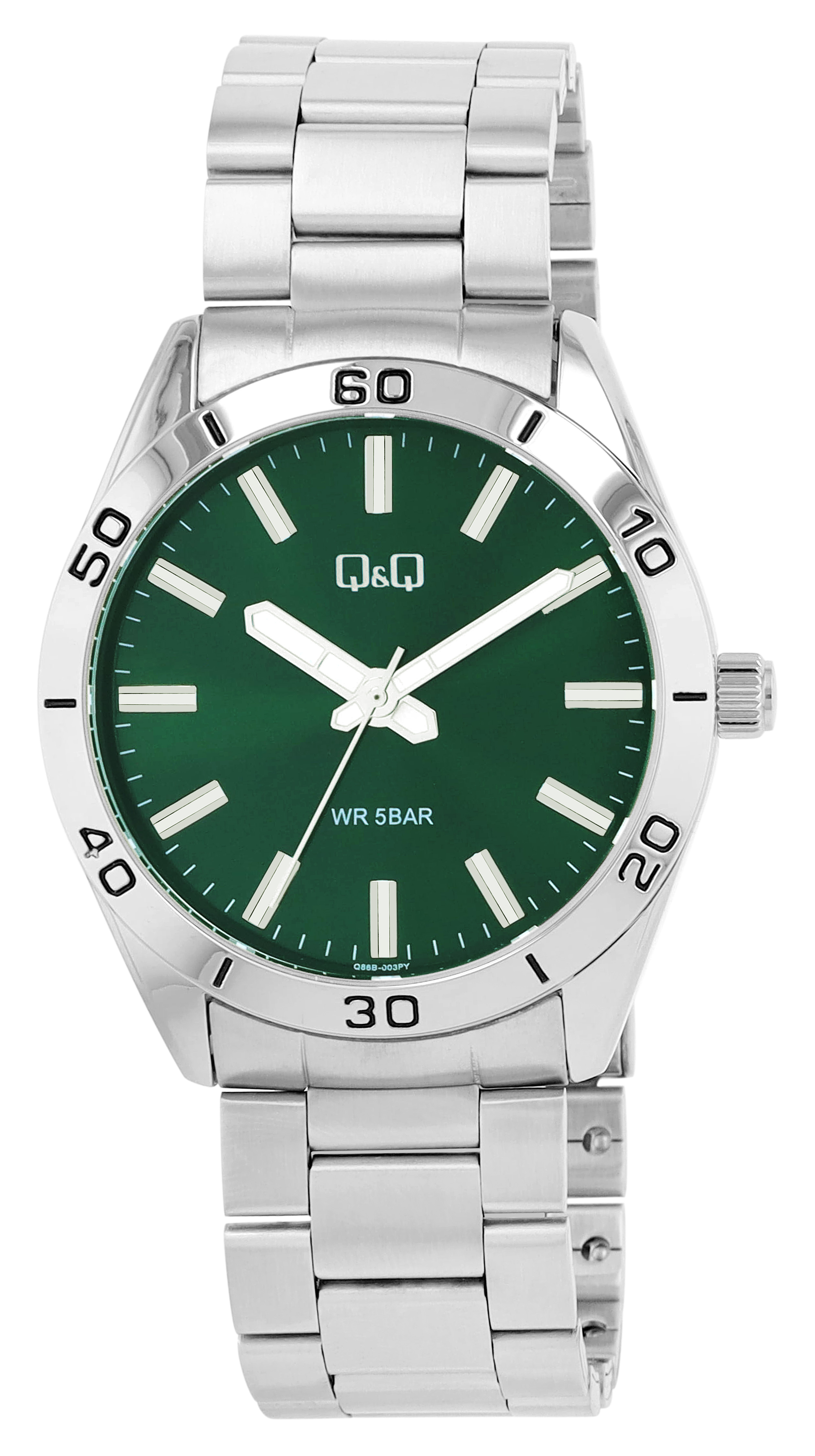 Q&amp;Q herenhorloge met roestvrijstalen armband, Ø 43 mm, zilverkleurig/groen