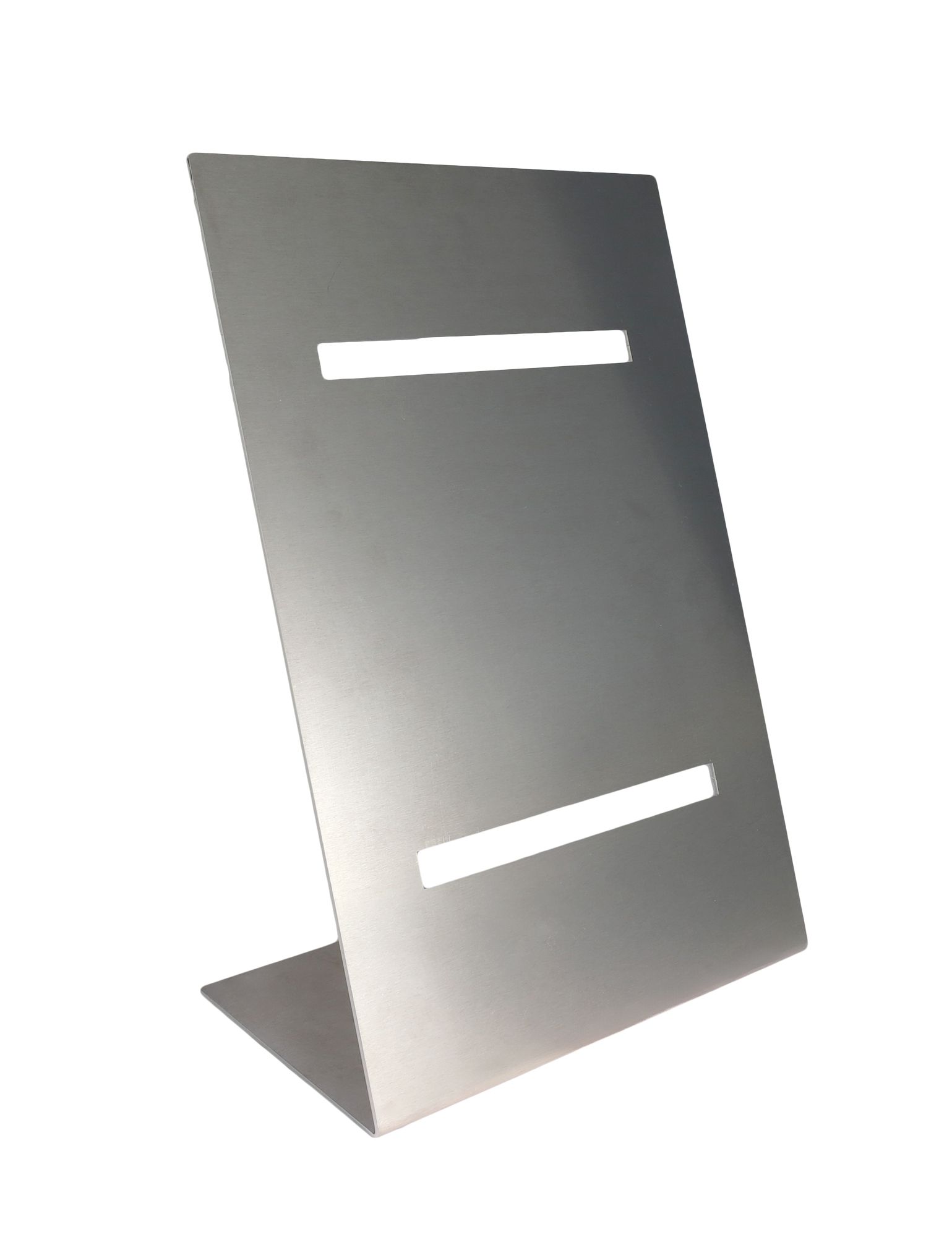 Aluminium juwelendisplay, zilverkleurig, 33 cm x 22 cm, met 2 uitsparingen om rechtop of plat te presenteren.