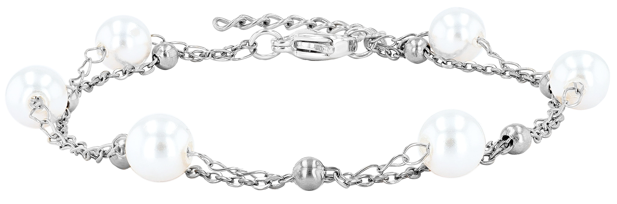 "Mahila" Armband 17+3 cm, Layering, Edelstahl/ Glasperle, silberfarben