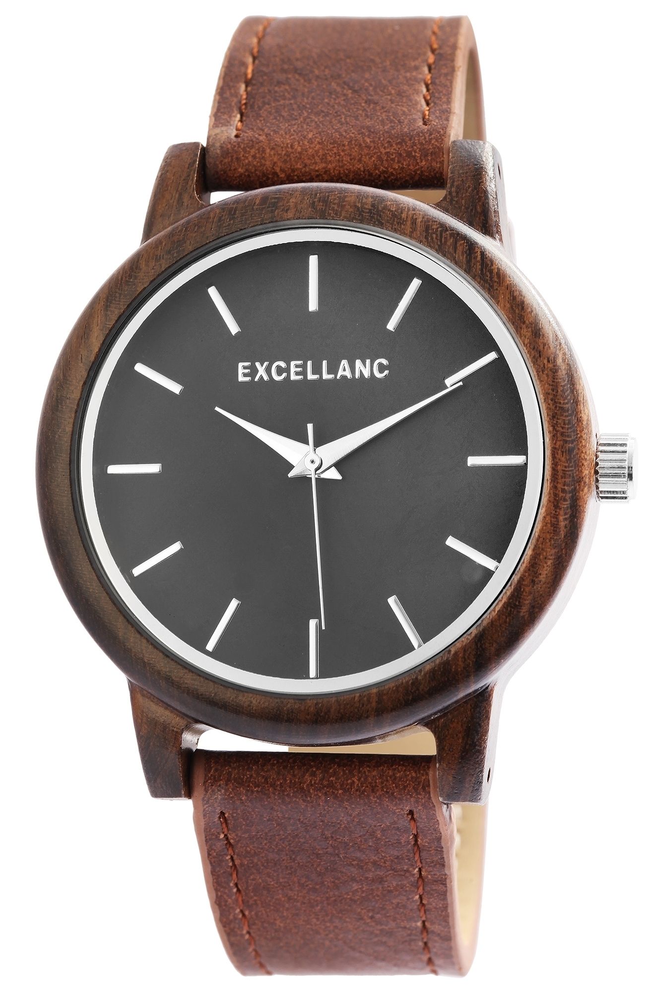 Excellanc Holzuhr mit Band aus Lederimitat