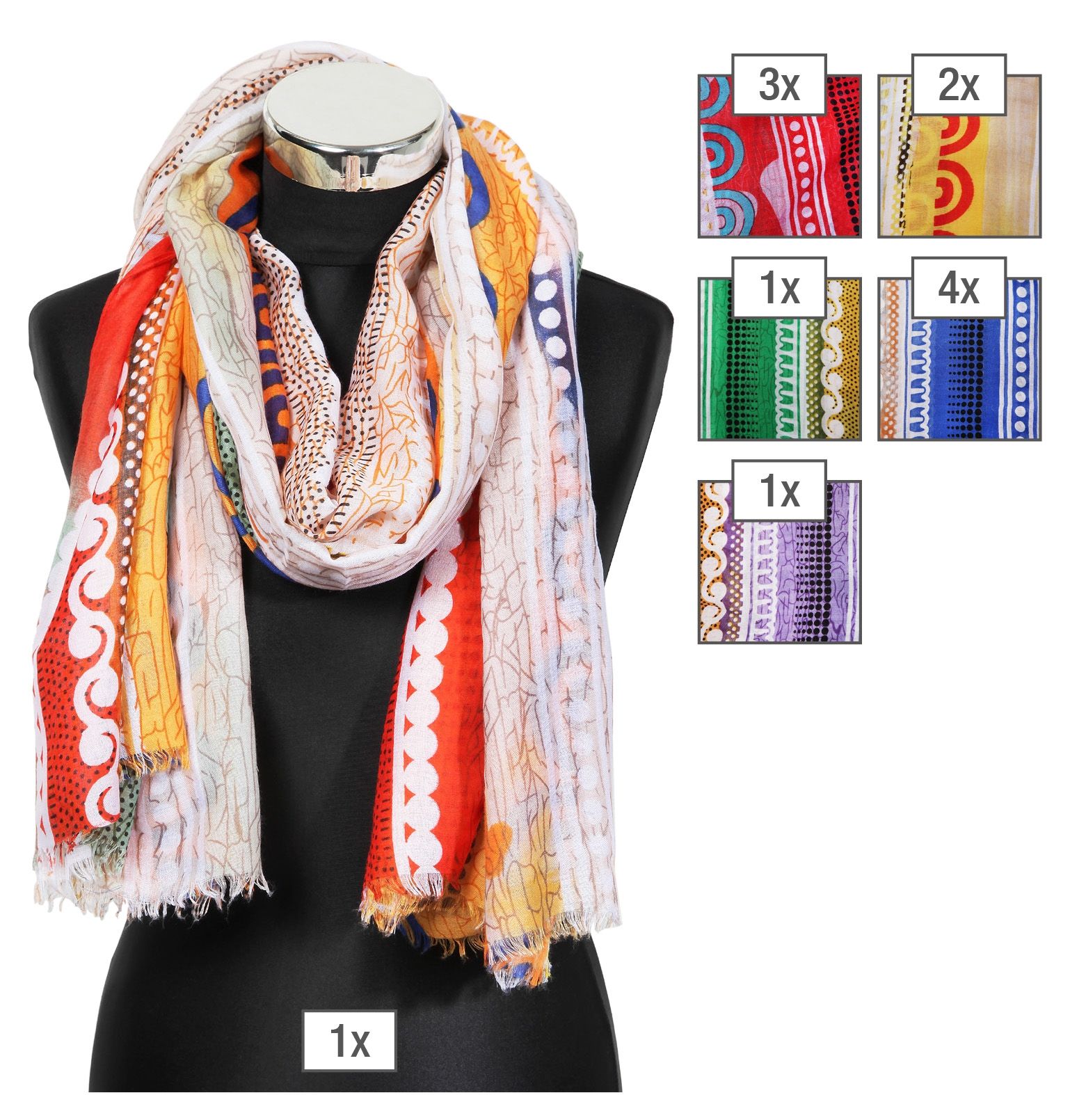 Schalpaket farblich sortiert, 100% Polyester, 90x180cm, VE 12,  jeder Schal verkaufsfertig mit Bügel ausgestattet