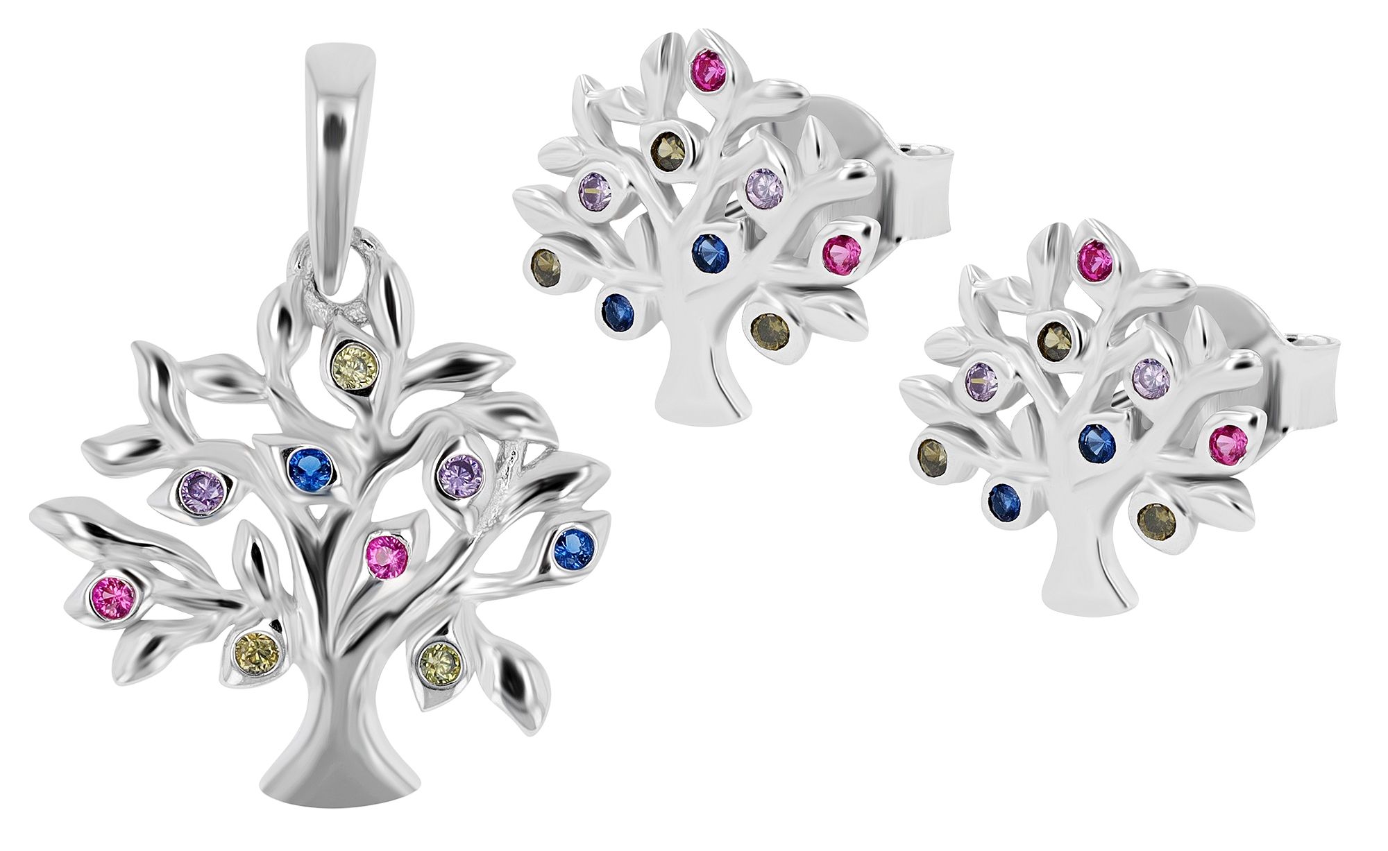 925/- Echt Silber Schmuckset "Thaisa" mit Ohrringen und Anhänger, Lebensbaum mit buntem Besatz