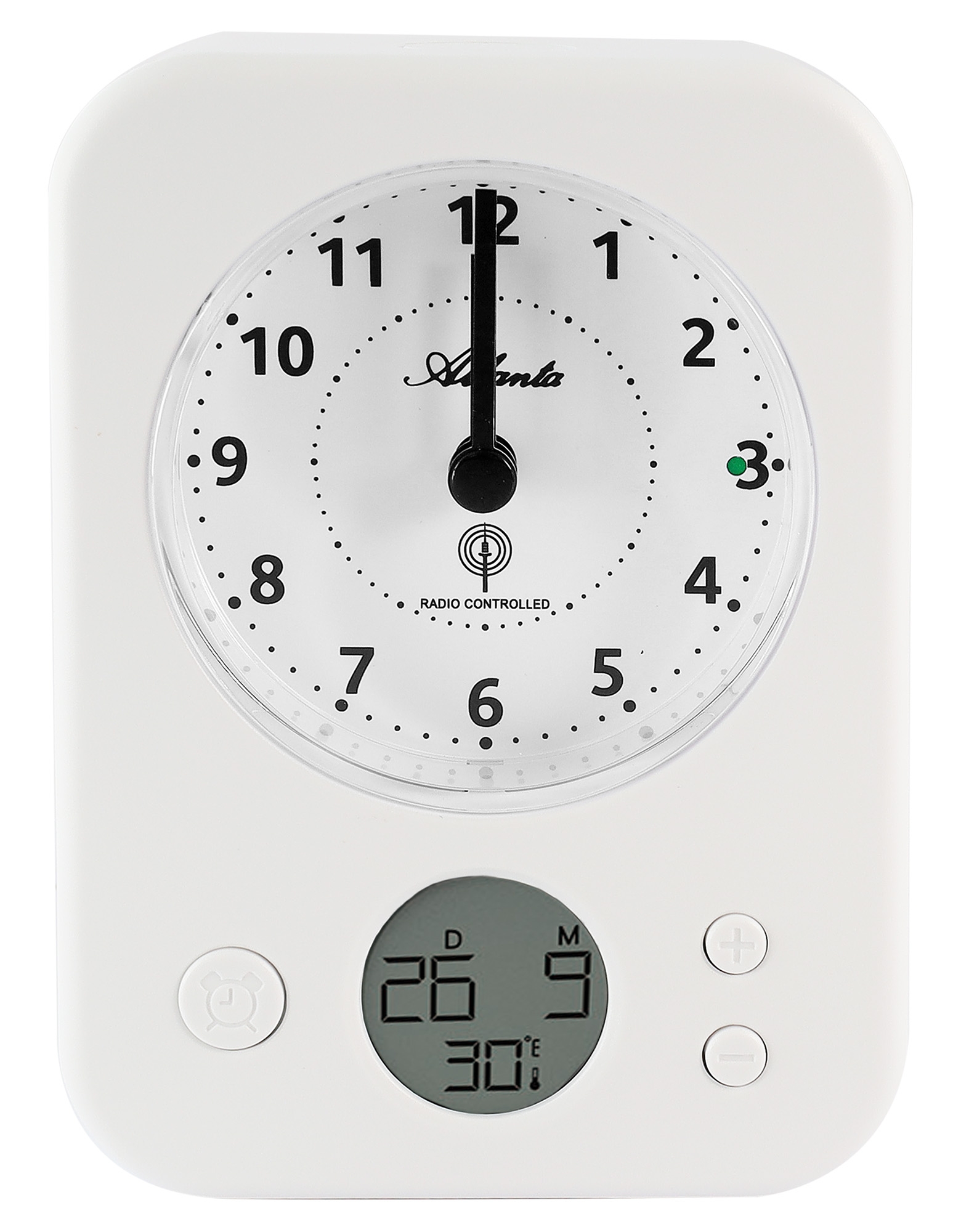 Atlanta Funkwecker, weiß, mit Anzeige für Innentemperatur und Beleuchtung