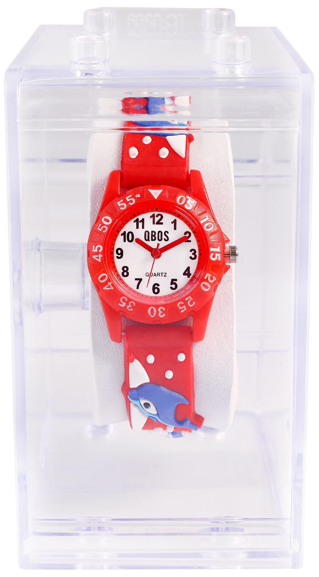 QBOS Kinderuhr mit Silikonband, Delfin, rot, Ø 28 mm inkl. Box