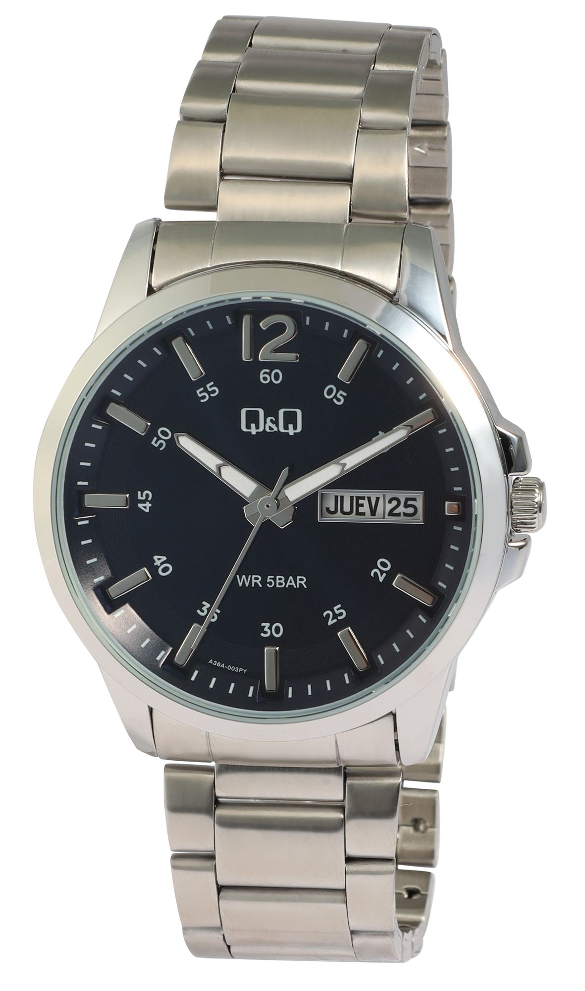 Q&amp;Q herenhorloge met roestvrijstalen armband, 5 ATM, Spaanse en Engelse weekdag- en datumweergave, zilverkleurig/ZB donkerblauw