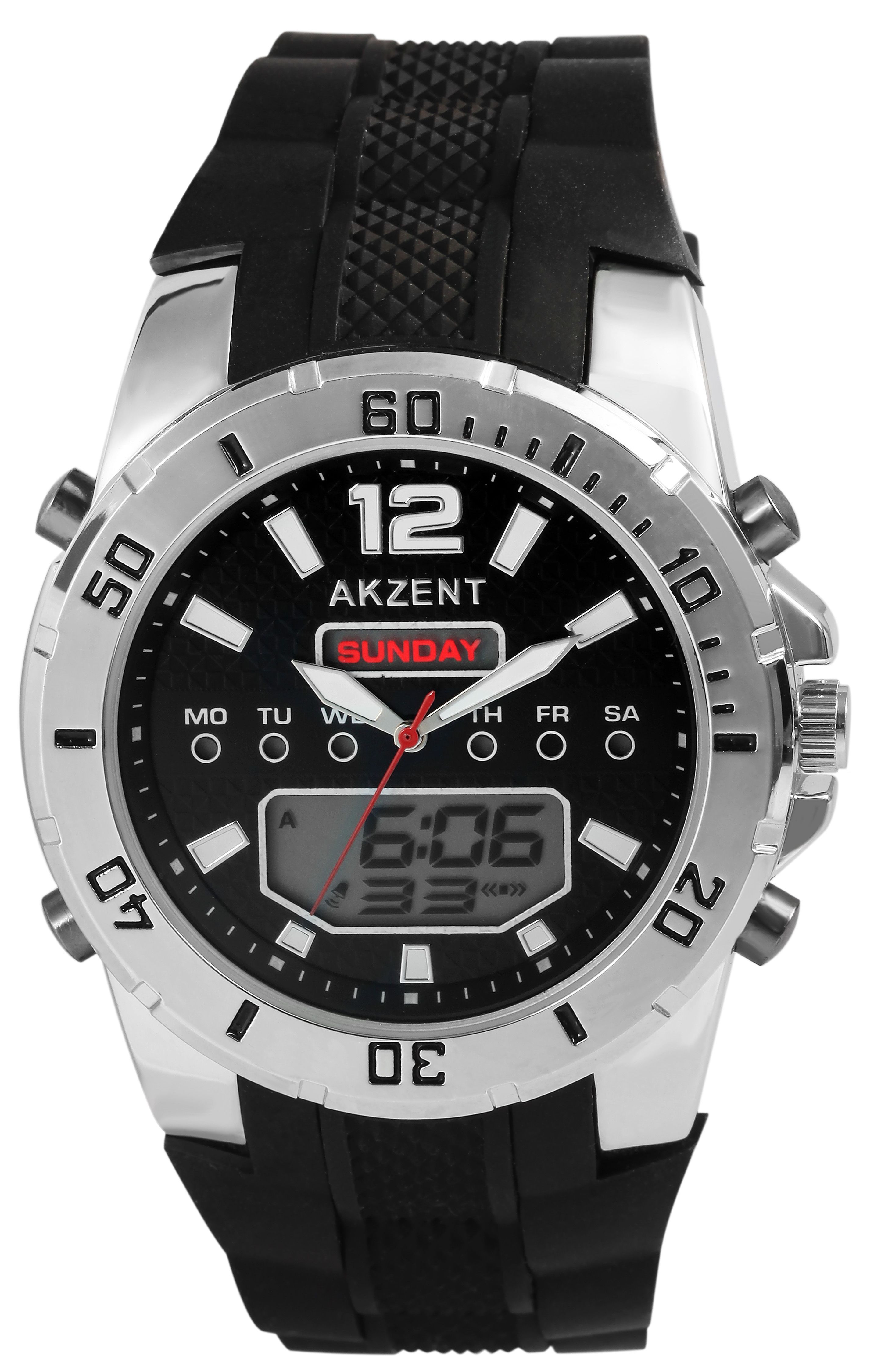 Akzent Analog-Digital Herrenuhr mit Silikonarmband, schwarz/silberfarben