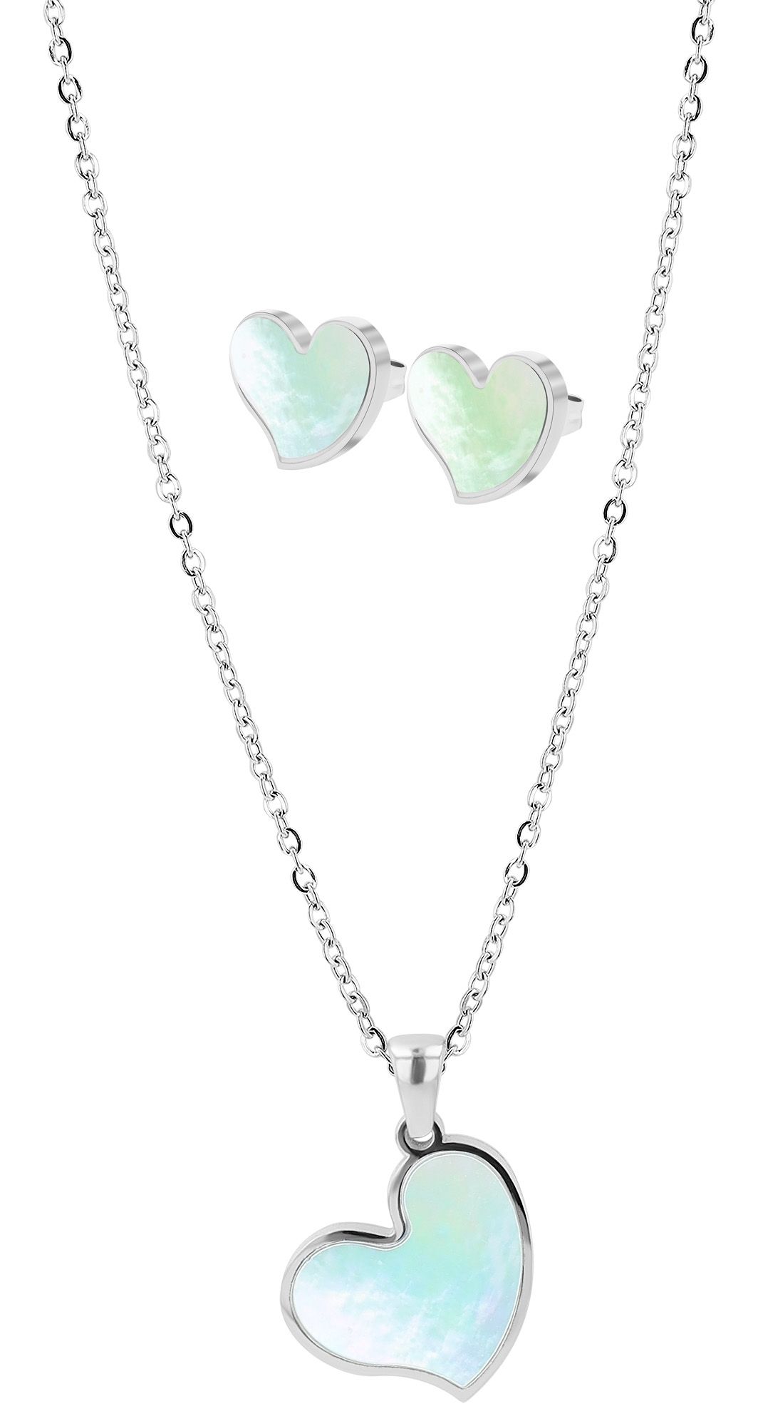 "Jorvina" sieradenset, halsketting (45+5 cm) + oorstekers, hart, roestvrij staal/parelmoer, zilverkleurig