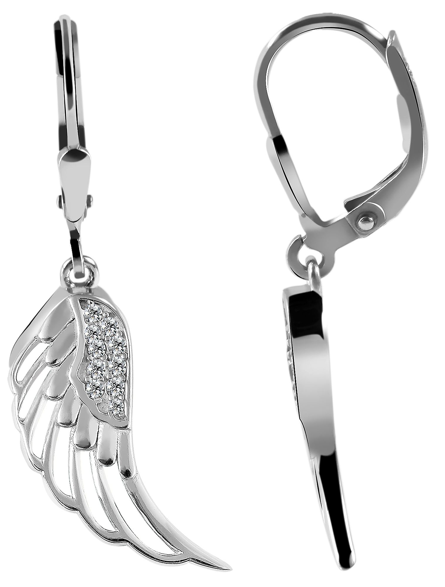 "Allanah" 925/- echt zilveren oorhanger, vleugels, zirkonia zetting, gerhodineerd