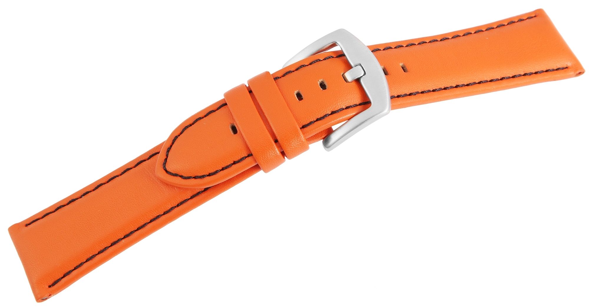 Echt leren horlogeband, oranje, zwarte stiksels, 22 mm