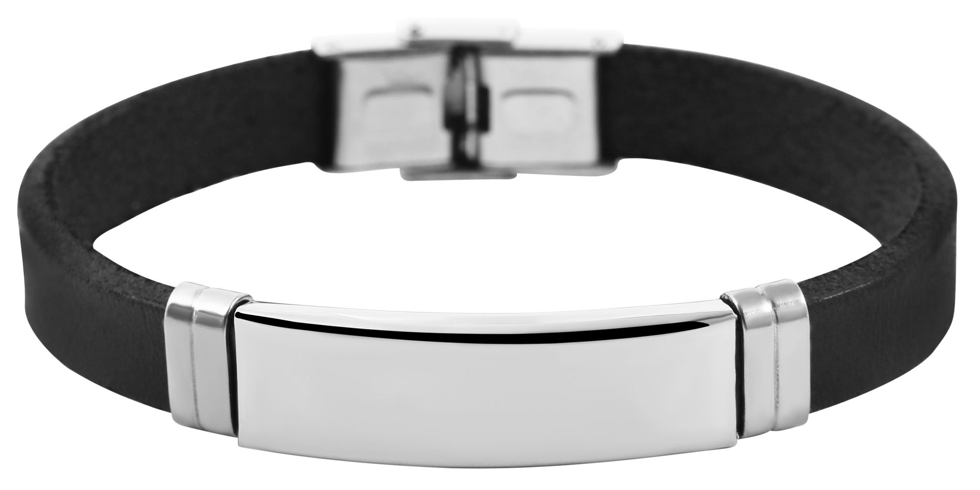 "Tano", echt lederen band, roestvrij stalen graveerplaatje, zwart/zilverkleurig, 21 cm