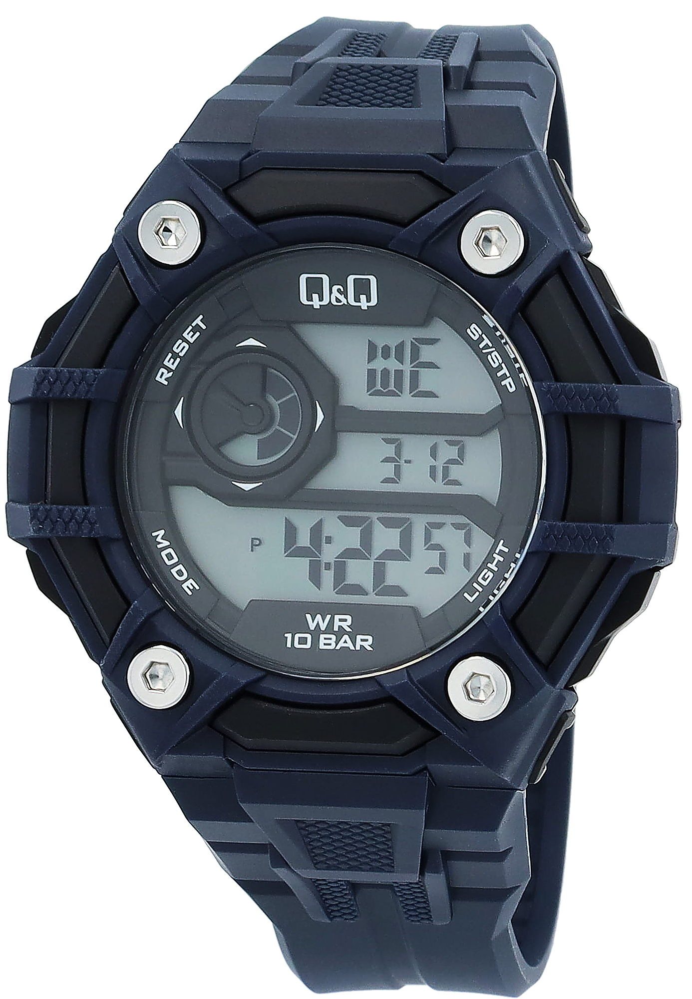 Q&amp;Q digitaal herenhorloge, siliconen band, multifunctioneel, blauw/zwart