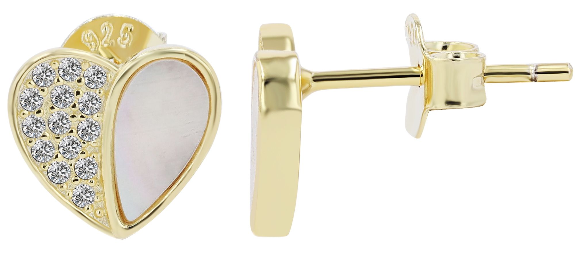 "Aveline" 925/- echt zilveren oorbellen - hart, parelmoer &amp; zirkonia, verguld