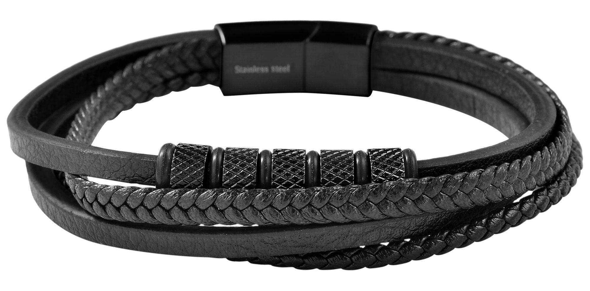 "Owen" Armband aus Lederimitat mit Edelstahlelementen, Ionenplattiert, schwarz, 23 cm