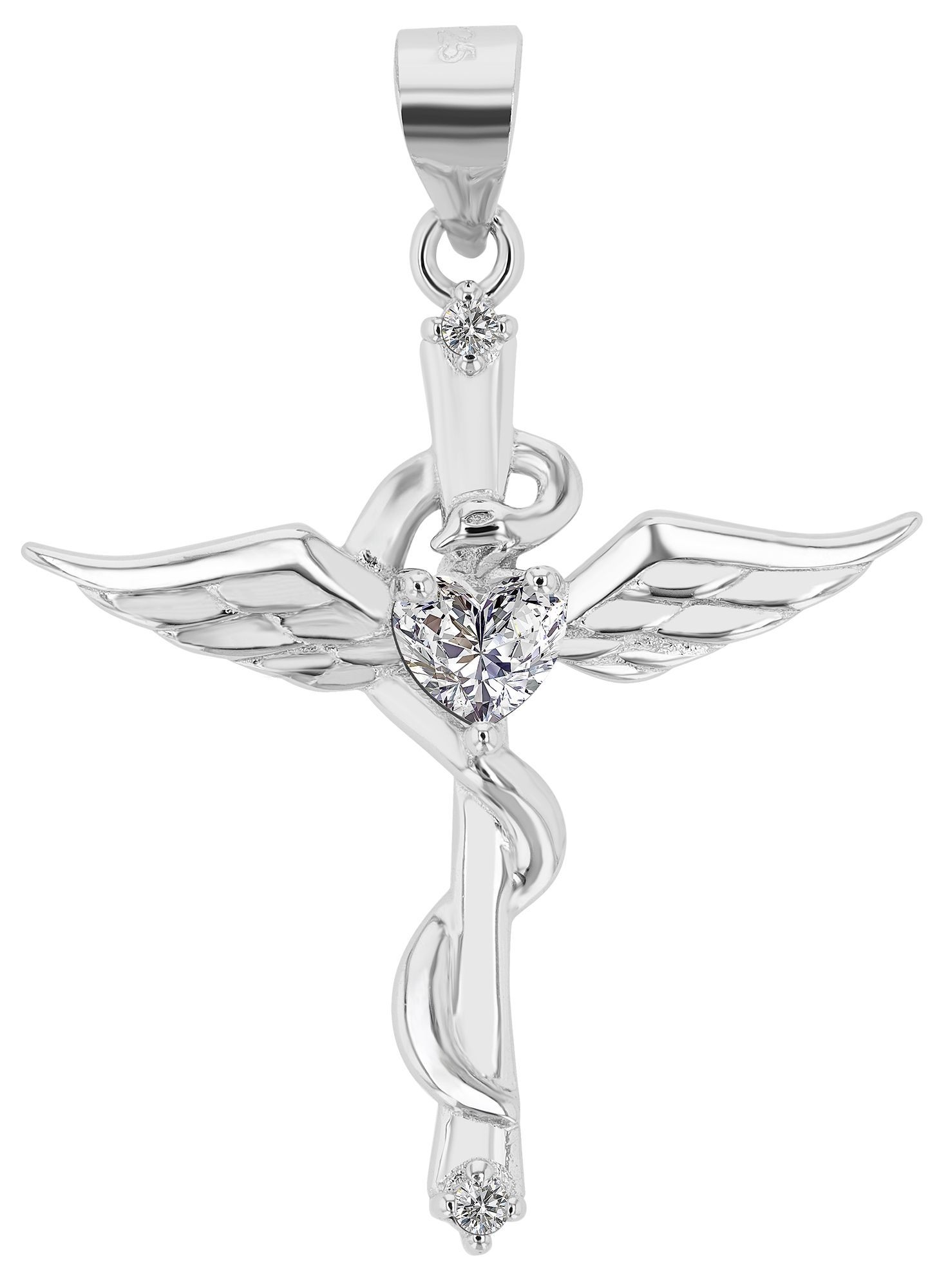 "Colbie" - Stab/ Flügel/ Schlange,  Echt Silber Anhänger rhodiniert, mit Zirkon in Herzform